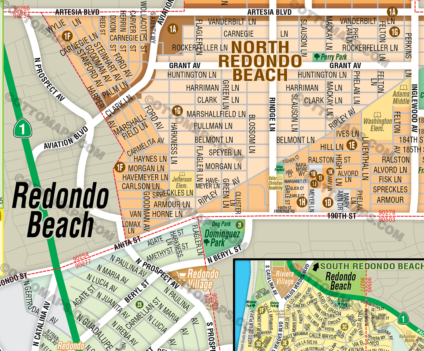 Redondo Beach Map, LA County - FILES - PDF and AI, editable, vector, royalty free