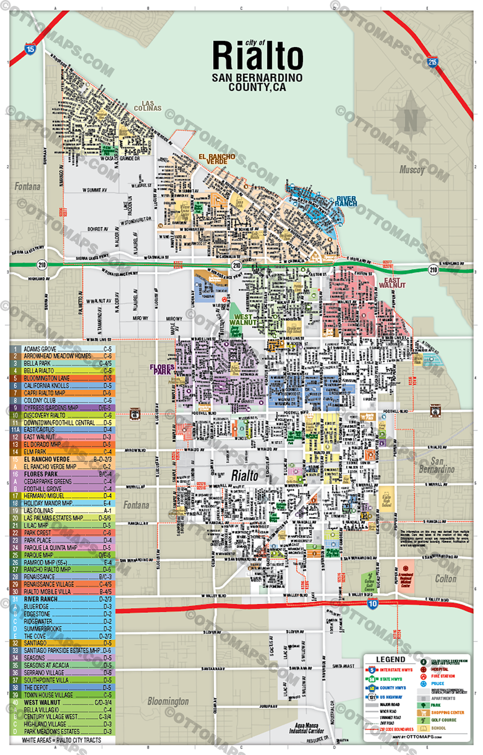 Rialto Map, San Bernardino County, CA - POSTER PRINTS