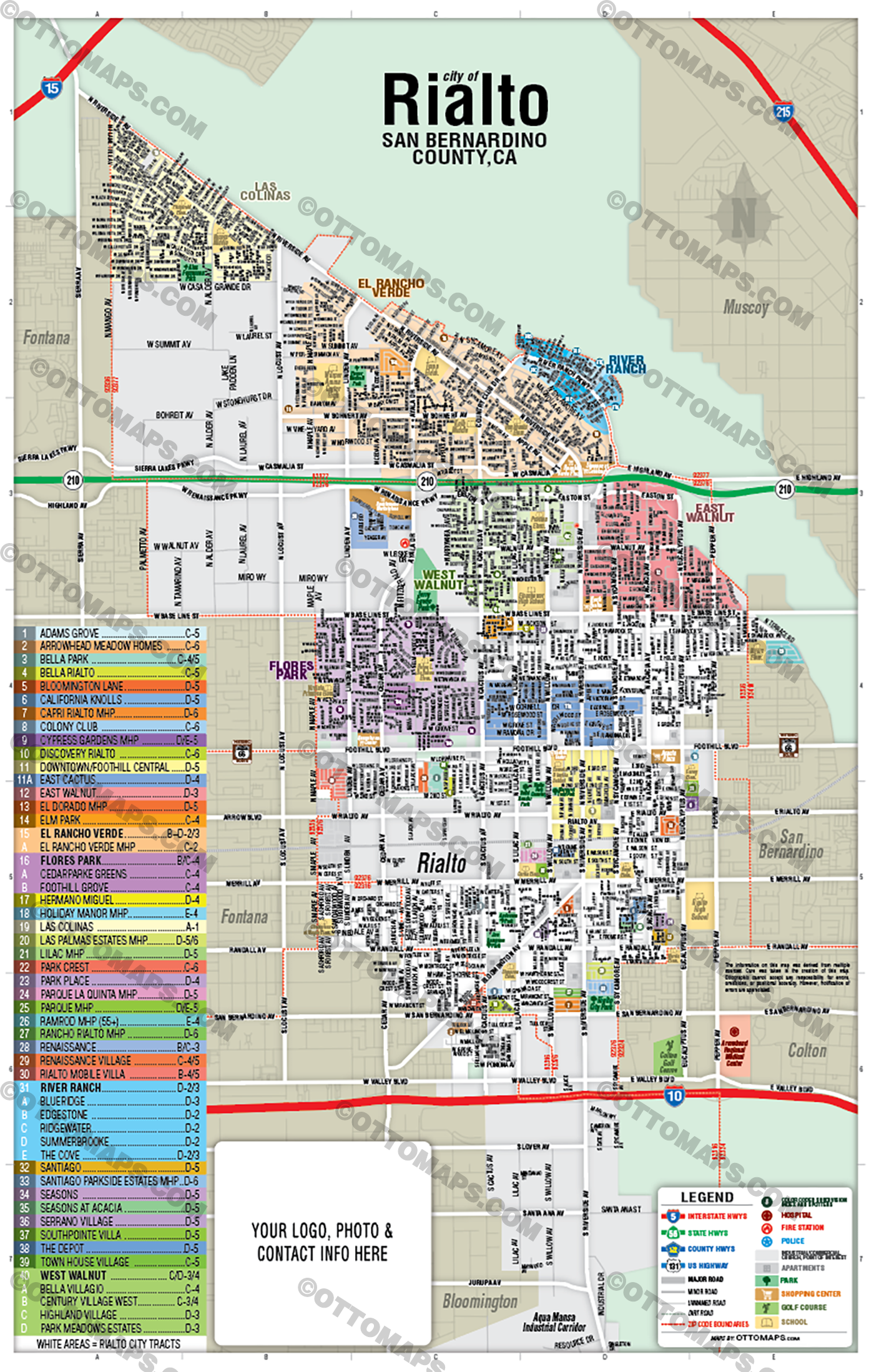 Rialto Map, San Bernardino County, CA - FILES - PDF and AI Files, editable, vector, royalty free with box