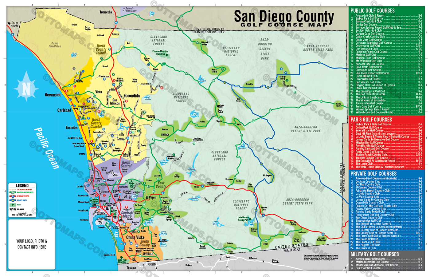 San Diego County Golf Map - FILES - PDF and AI, editable, layered, vector, royalty free WITH BOX