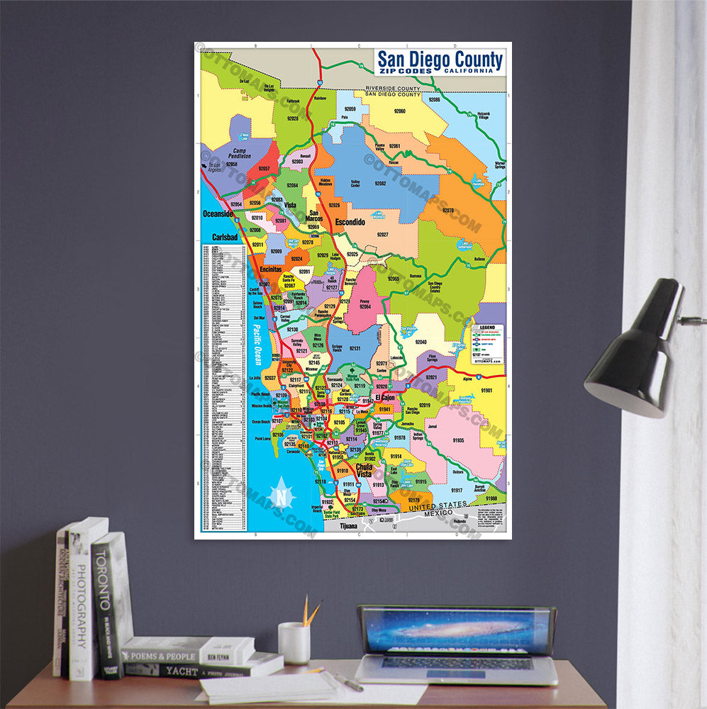 San Diego County Zip Code Map - COASTAL (Zips Colorized) - POSTER