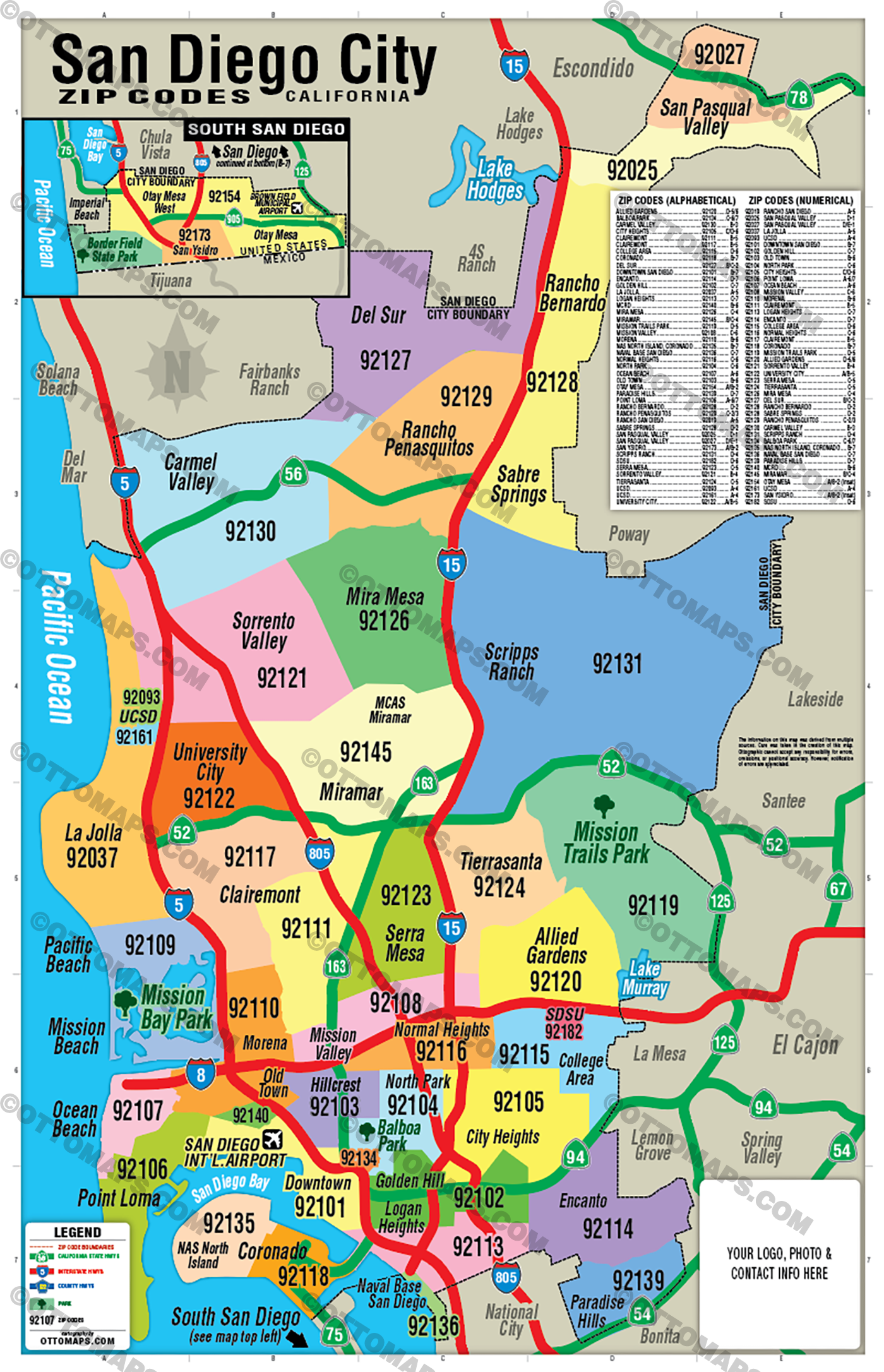 San Diego City Zip Code Map - FILES - PDF and AI Files, editable, vector, royalty free