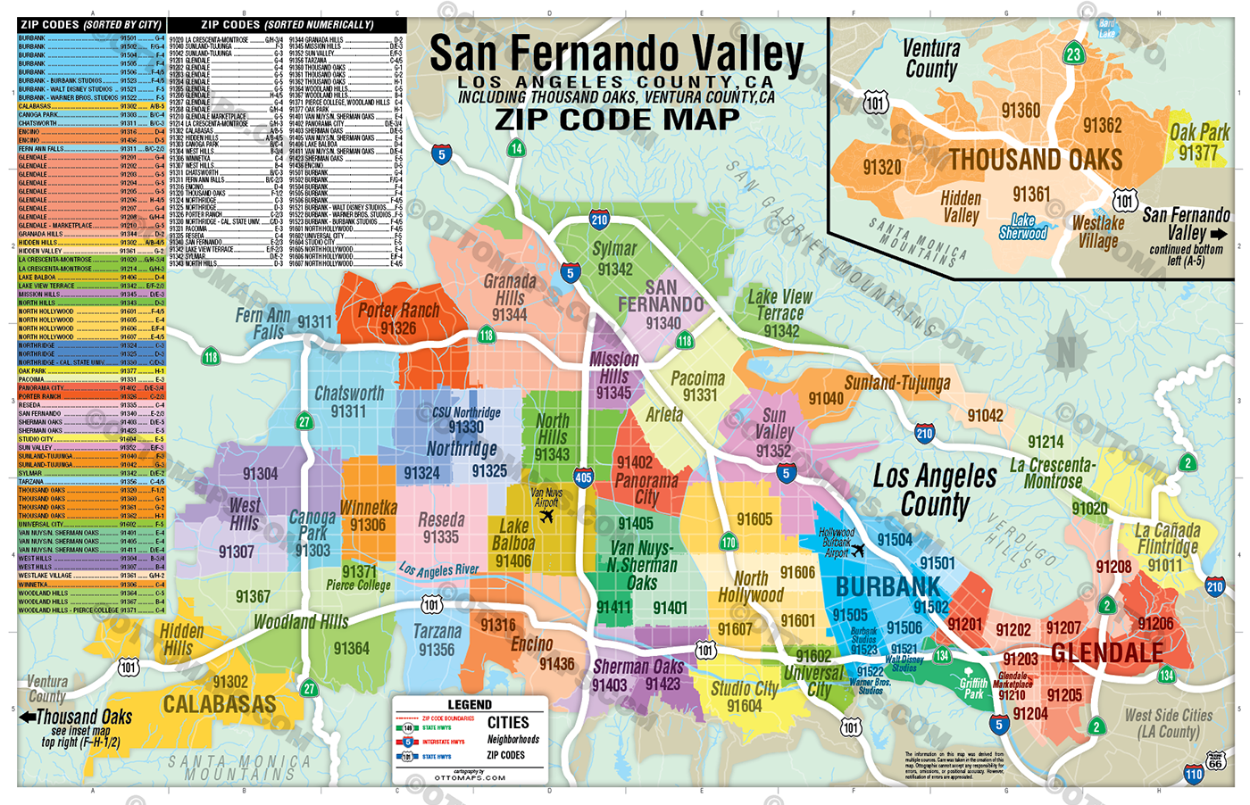 San Fernando Valley Zip Code Map with Thousand Oaks - FILES - PDF and AI Files, editable, vector, royalty free - no box