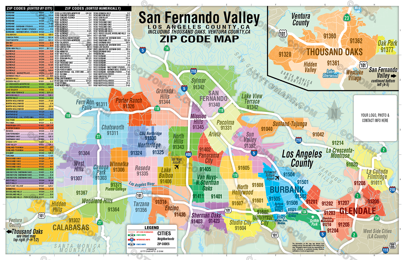 San Fernando Valley Zip Code Map with Thousand Oaks - FILES - PDF and AI Files, editable, vector, royalty free - with box