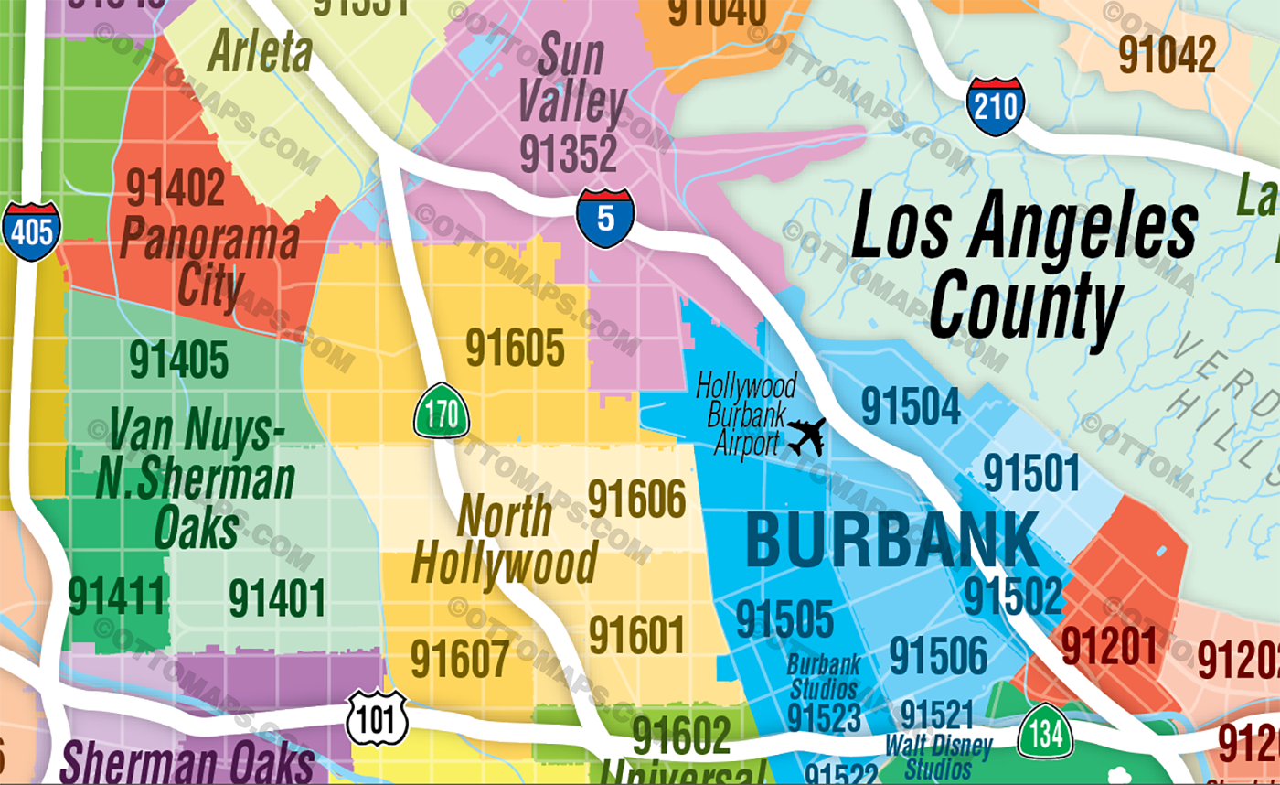 San Fernando Valley Zip Code Map with Thousand Oaks - FILES - PDF and AI Files, editable, vector, royalty free - zoom