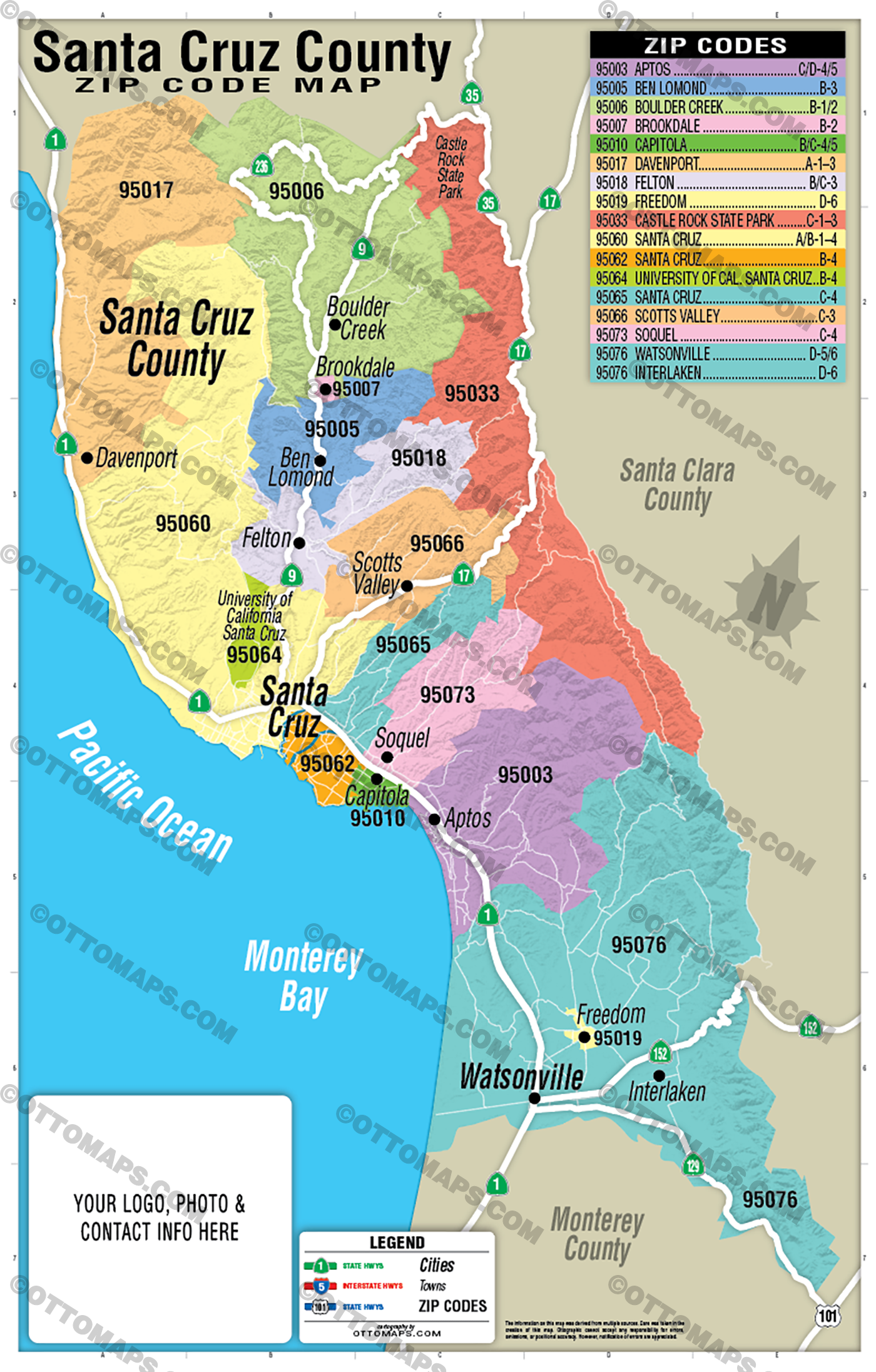 Santa Cruz County Zip Code Map - FILES - PDF and AI Files, editable, vector, royalty free
