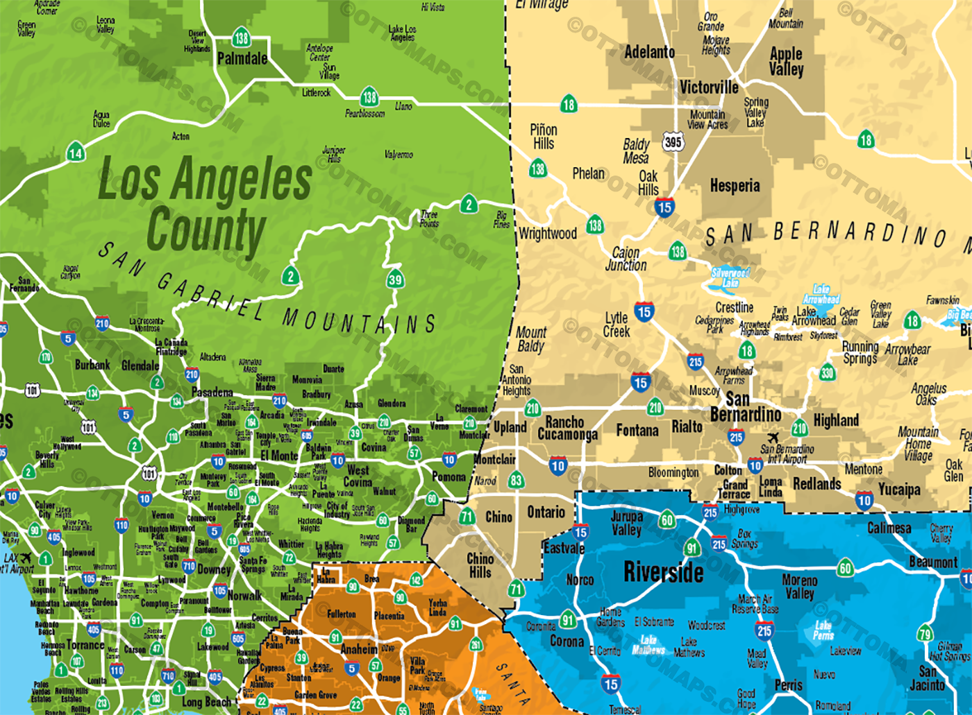 Southern California Map, Central - FILES - PDF and AI Files, editable, vector, royalty free - zoom