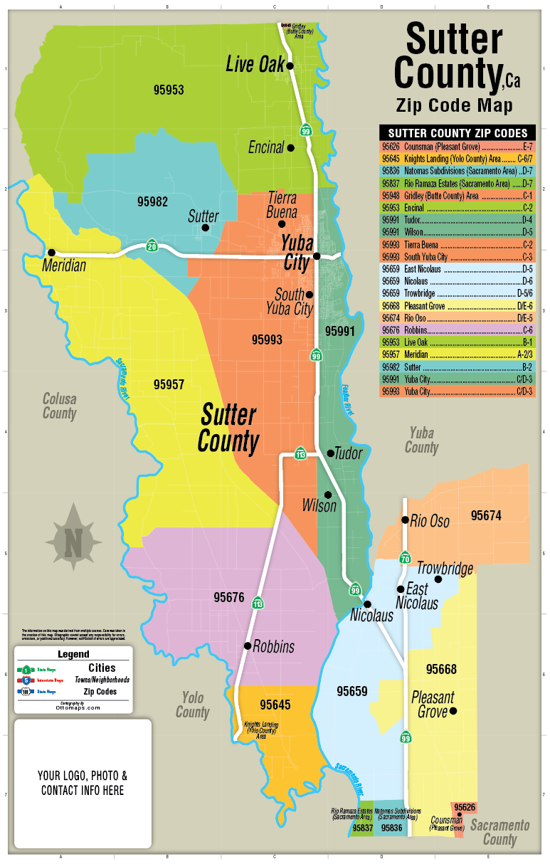 Sutter County Zip Code Map - FILES - PDF and AI, editable, vector, royalty free