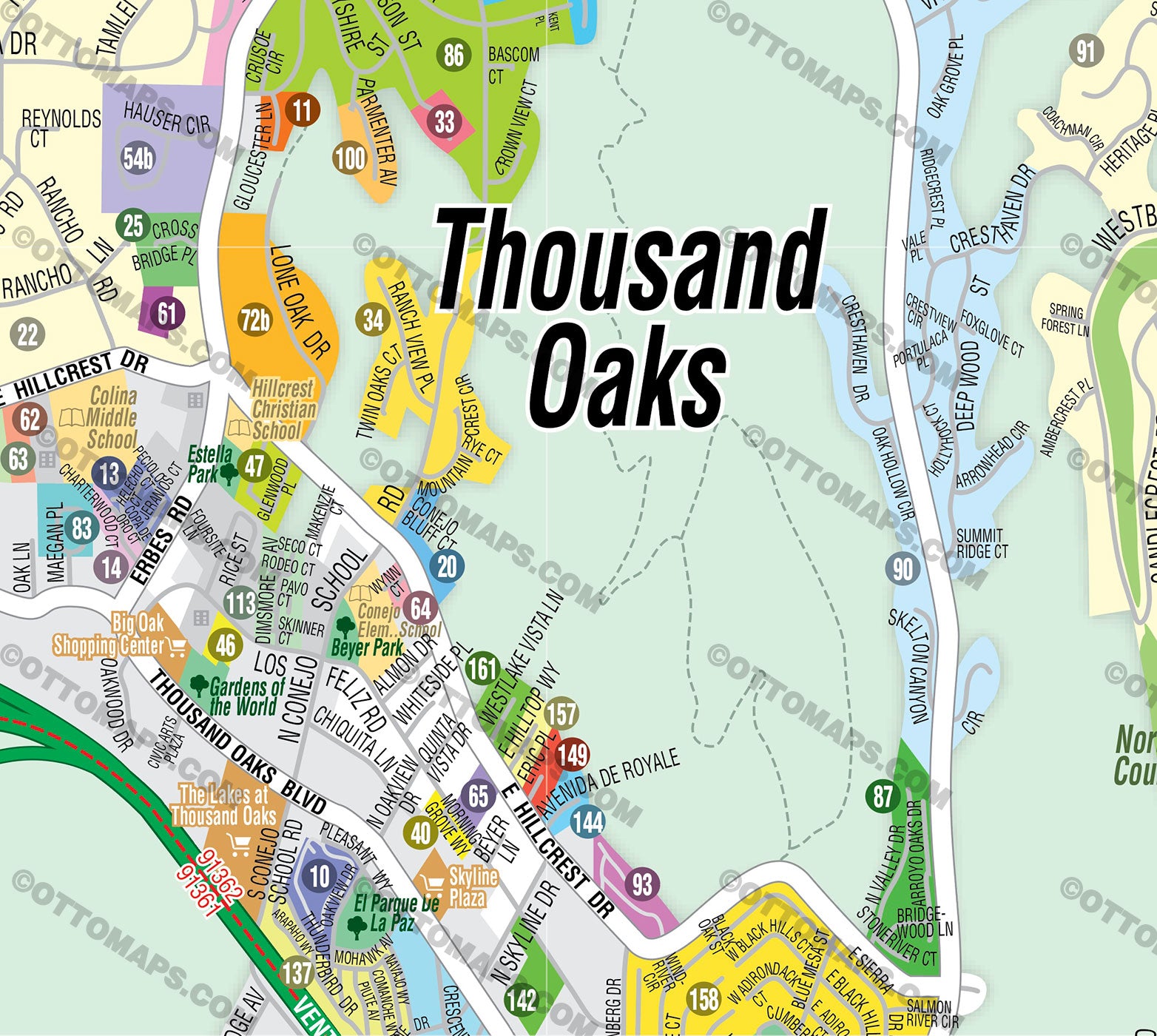 Thousand Oaks Map, Ventura County, CA - FILES - PDF and AI, editable, vector, royalty free