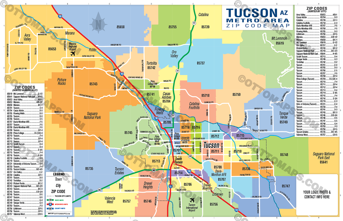 Tucson Metro Area Zip Code Map Otto Maps
