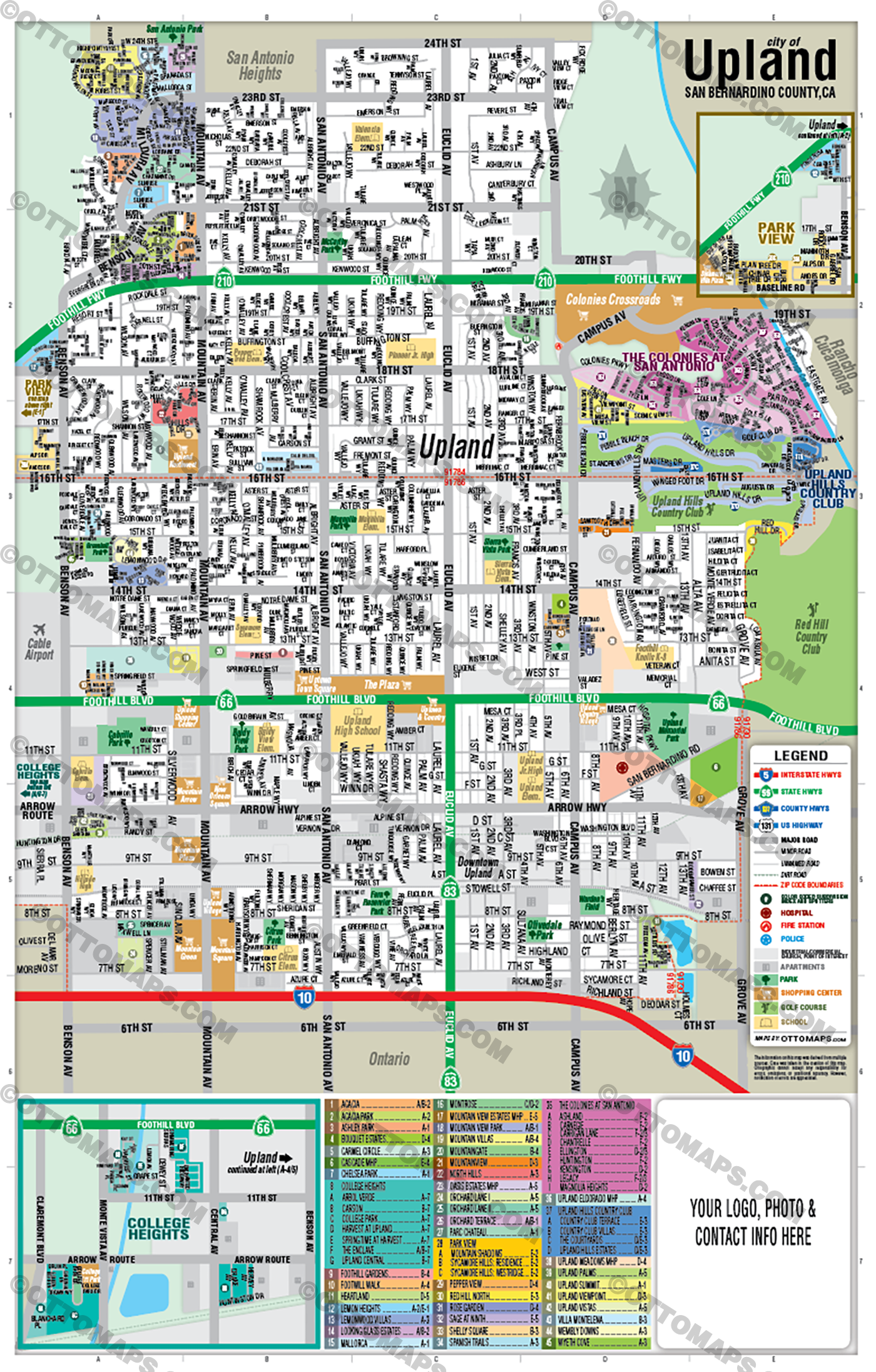 Upland Map, San Bernardino County, CA - FILES - PDF and AI, editable, vector, royalty free - with box
