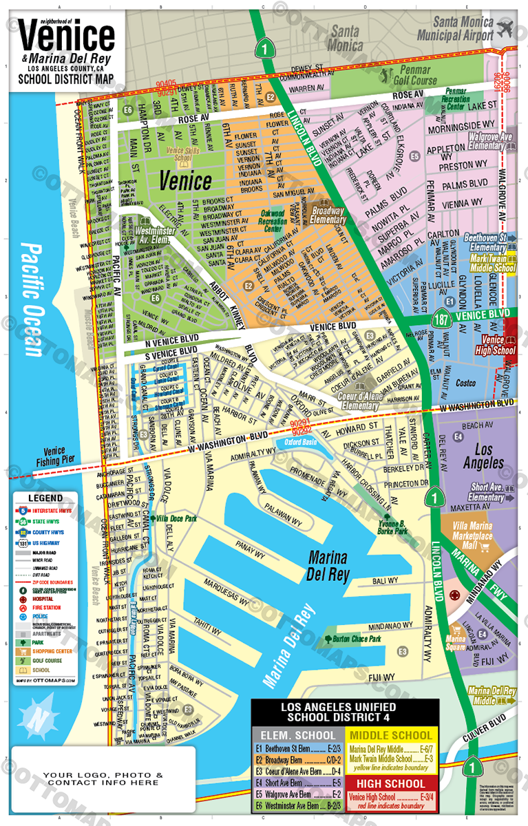 Venice School District Map with Marina Del Rey - FILES - PDF and AI, editable, vector, royalty free - with box