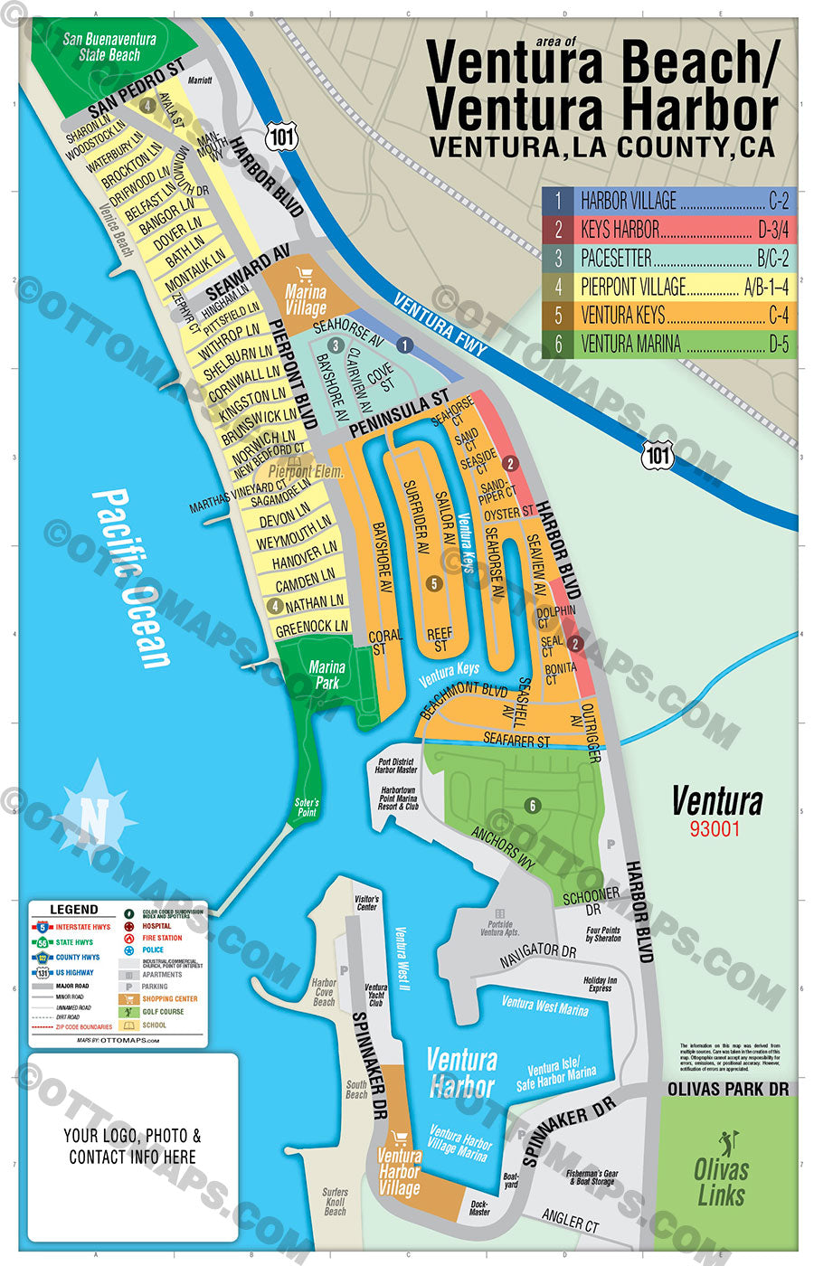 Ventura Beach Map / Ventura Harbor Map, Ventura, CA - FILES - PDF and AI, editable, vector, royalty free