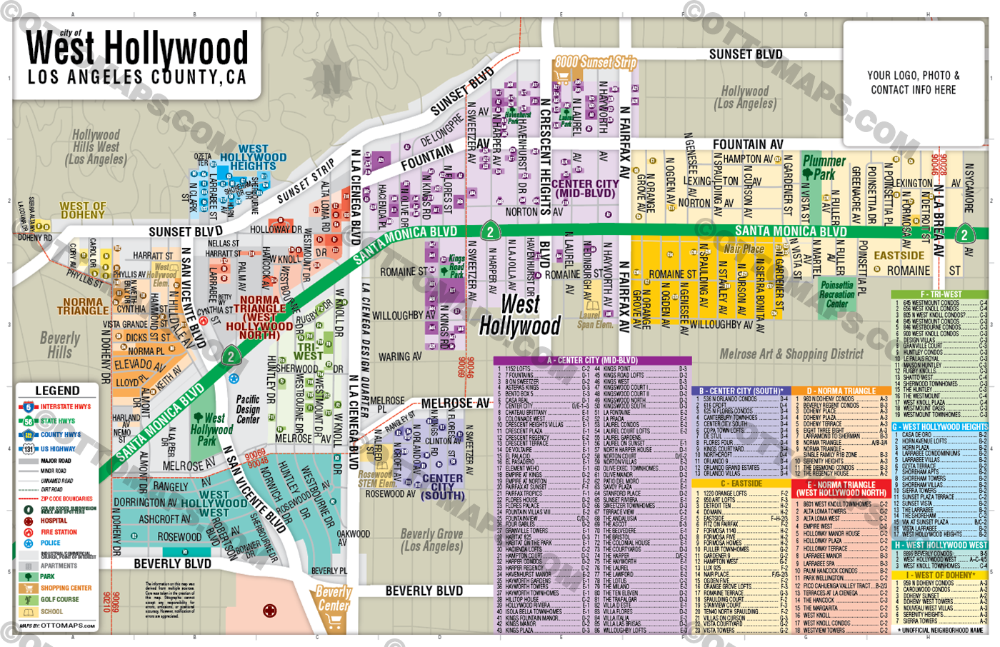 West Hollywood Map, Los Angeles County, CA - FILES - PDF and AI, editable, vector, royalty free