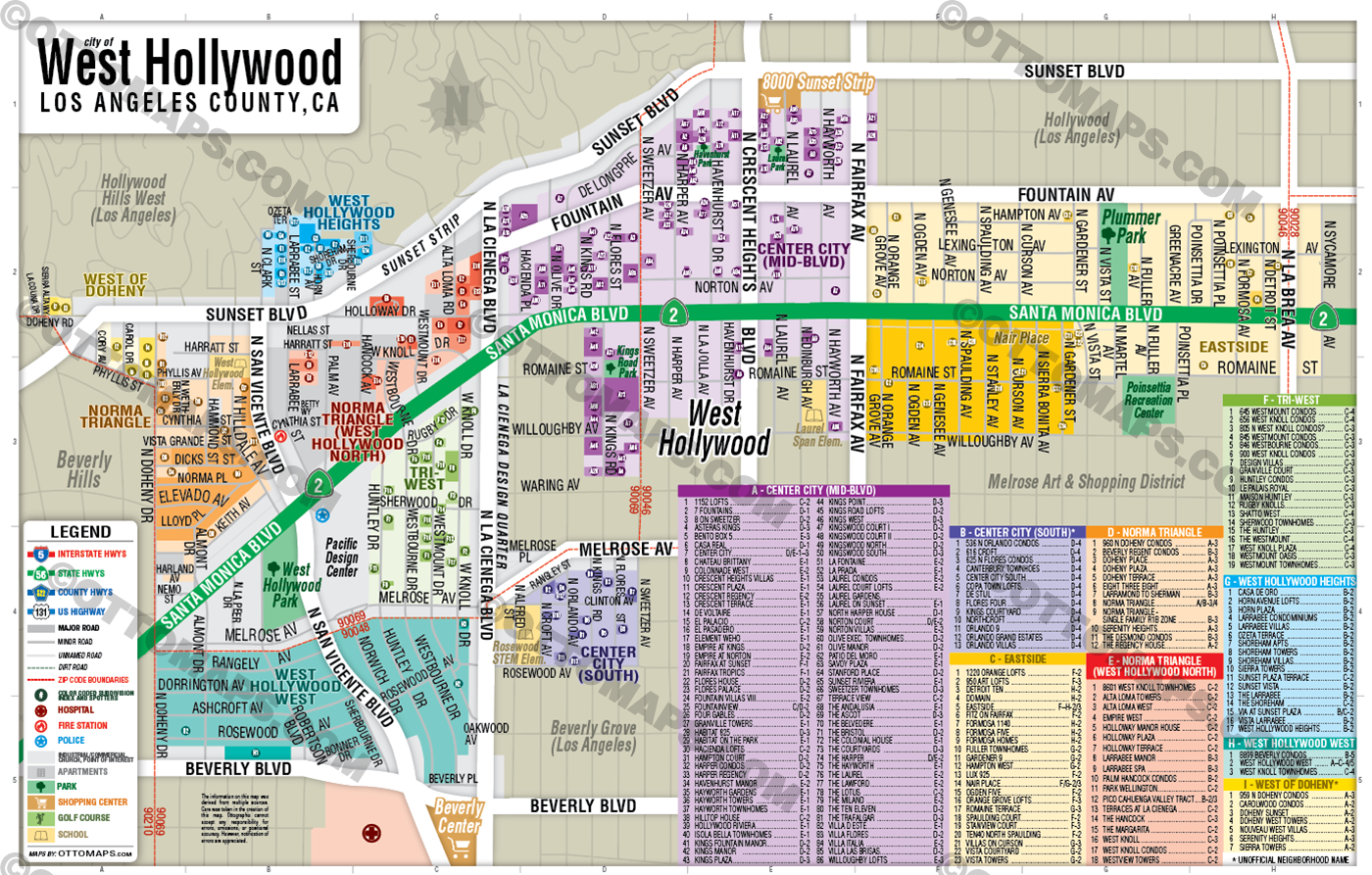 West Hollywood Map, Los Angeles County, CA - FILES - PDF and AI, editable, vector, royalty free