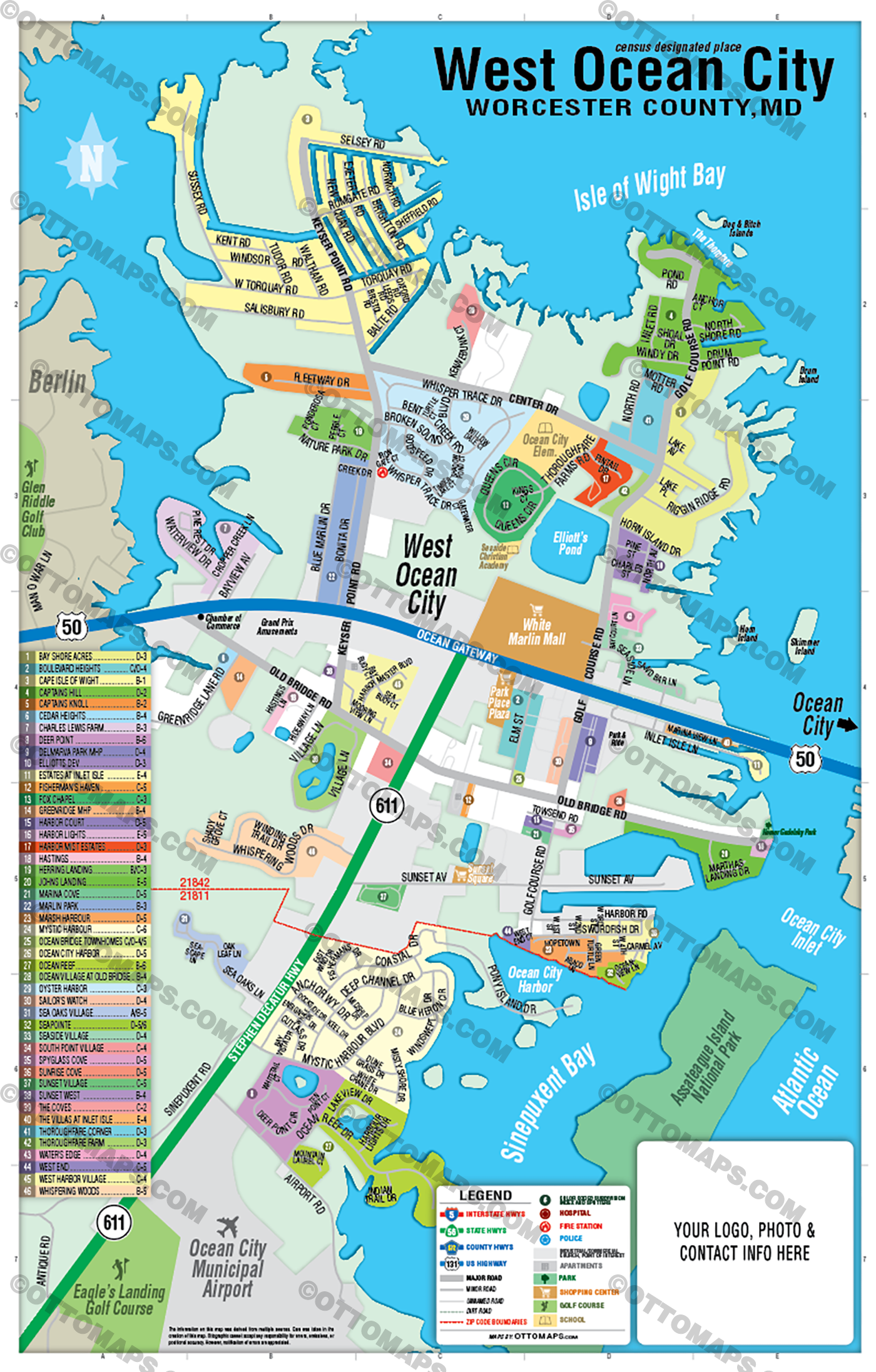 West Ocean City Map, Worcester County, MD - FILES - PDF and AI Files, editable, vector, royalty free - with box