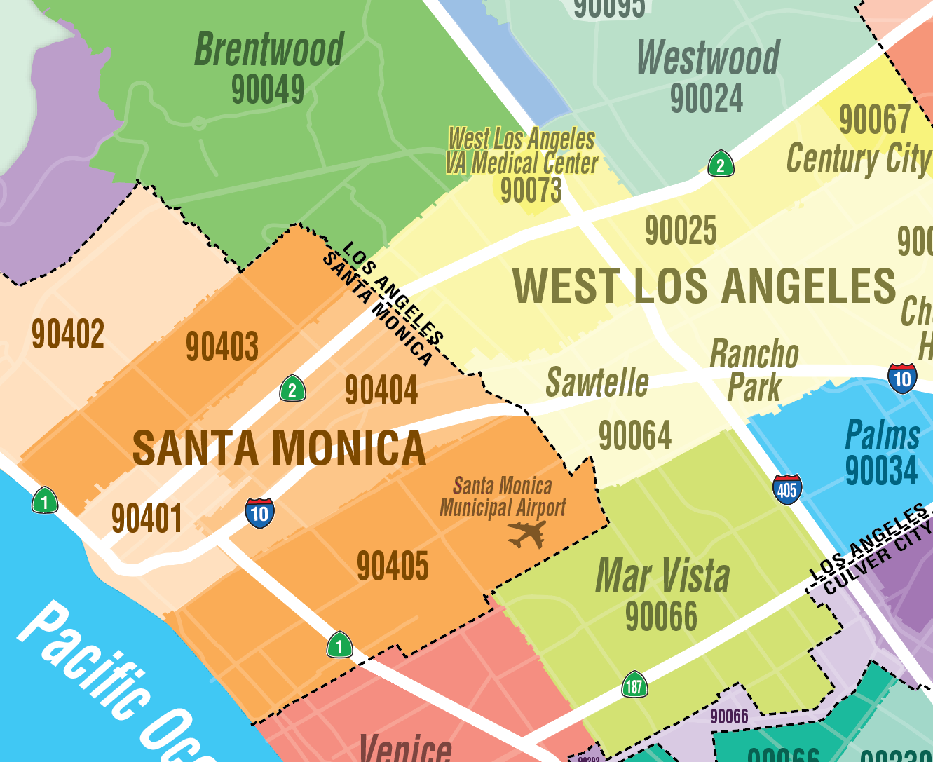 West Side Cities Zip Code Map, Los Angeles - FILES - PDF, AI, layered, editable, royalty free