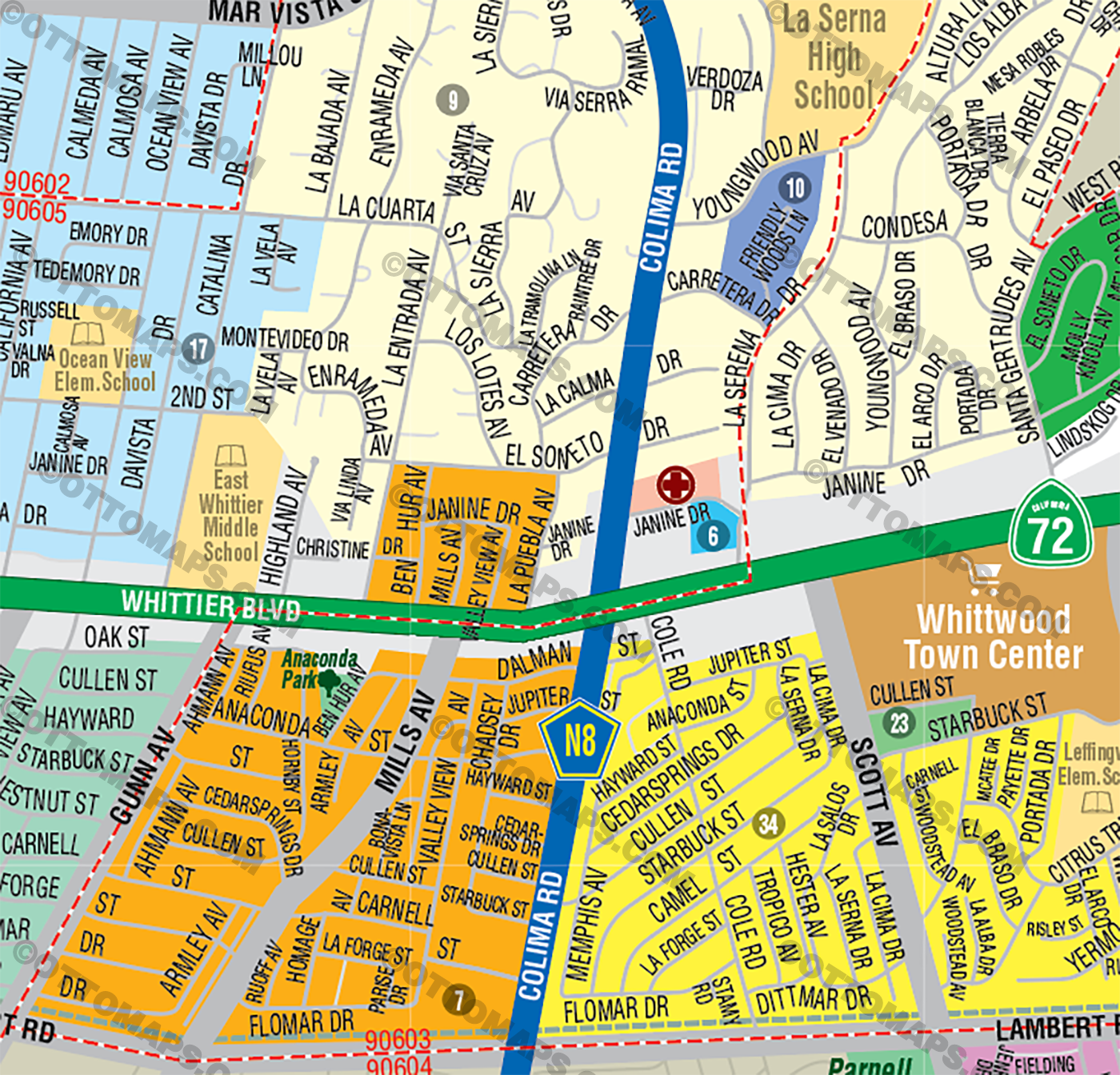 Whittier Map, Los Angeles County, CA - FILES - PDF and AI, editable, vector, royalty free