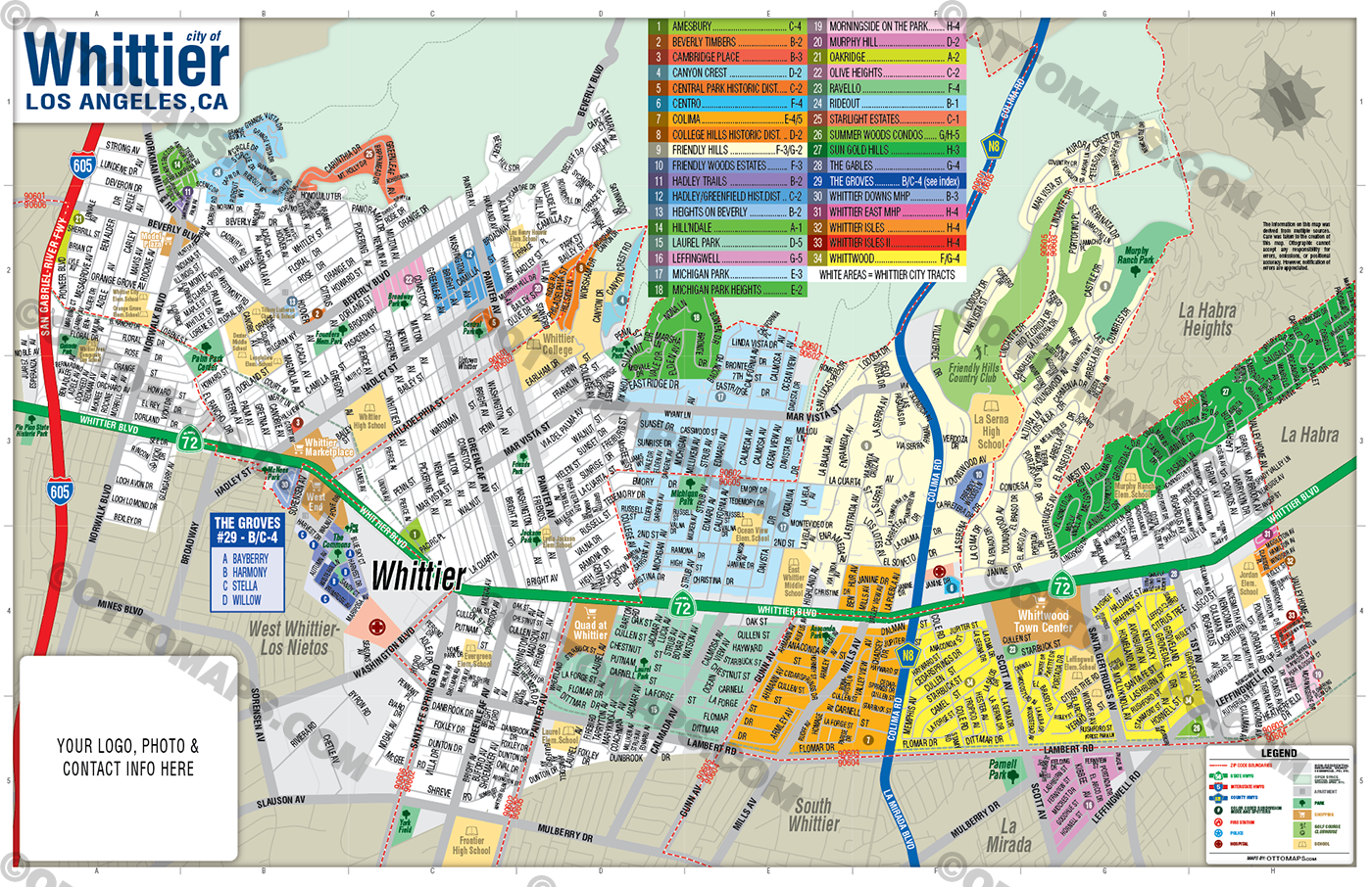 Whittier Map, Los Angeles County, CA - FILES - PDF and AI, editable, vector, royalty free
