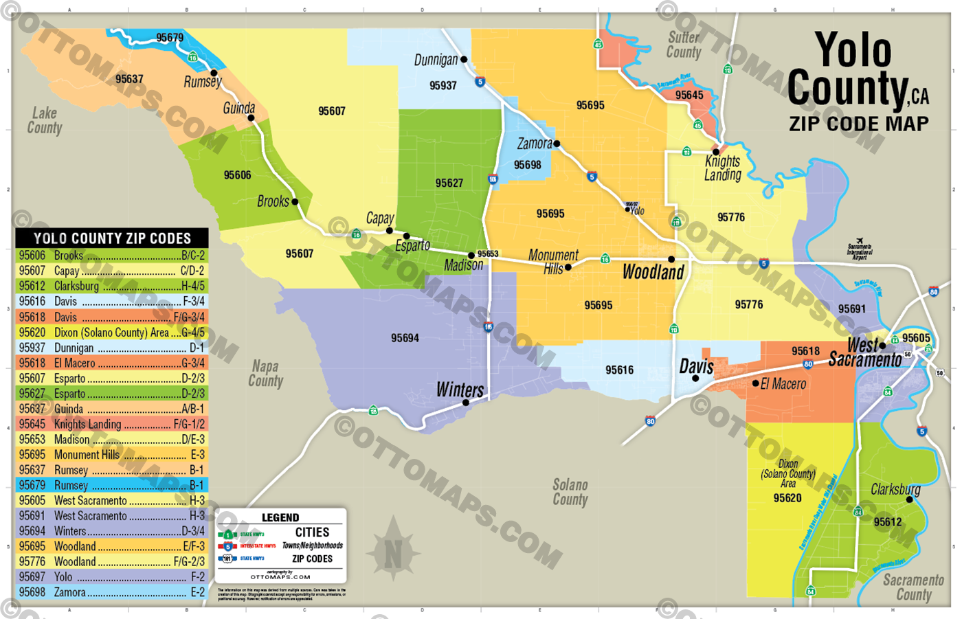 Yolo County Zip Code Map - FILES - PDF and AI, editable, vector, royalty free - No Box