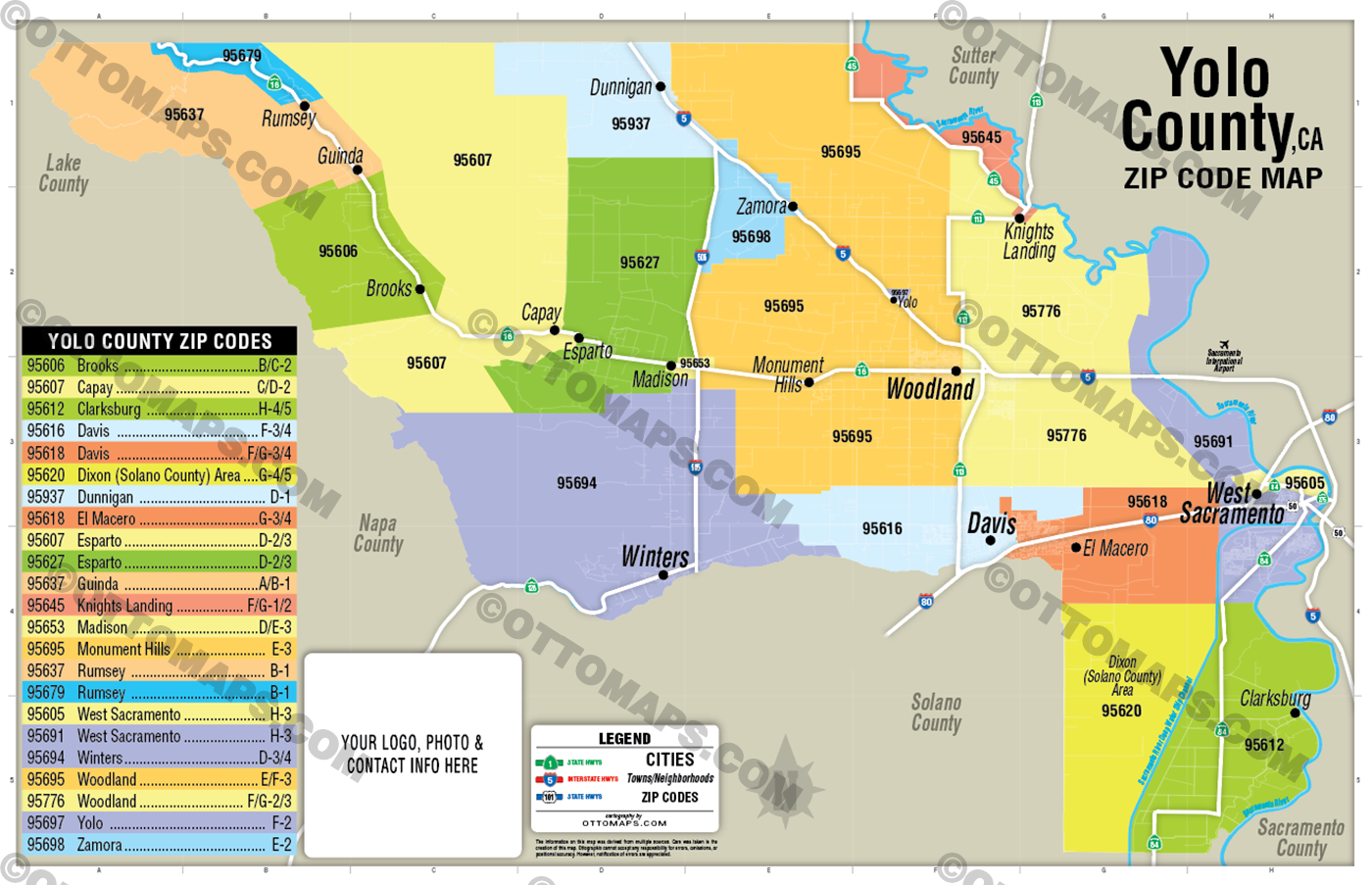 Yolo County Zip Code Map - FILES - PDF and AI, editable, vector, royalty free - with box