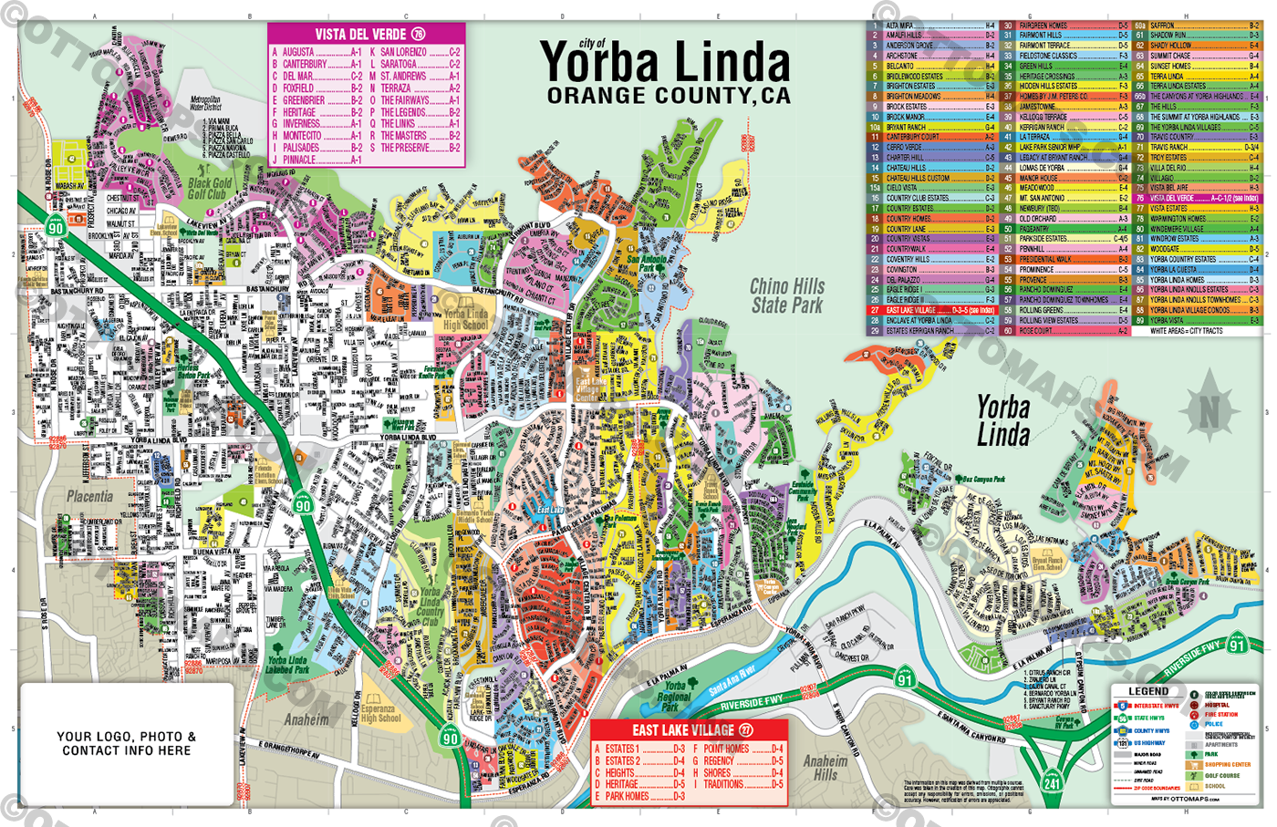 Yorba Linda Map, Orange County, CA - FILES - PDF and AI, editable, vector, royalty free - with box