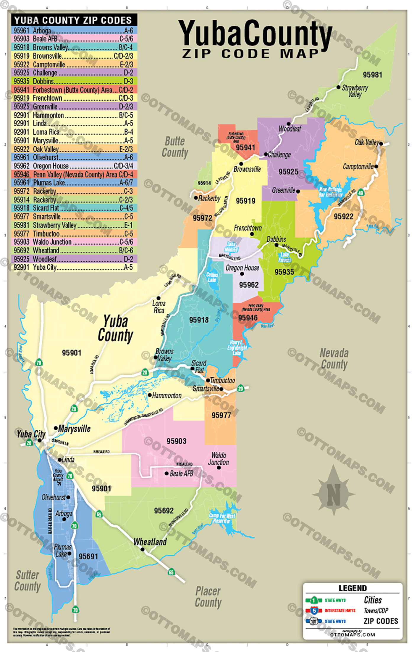 Yuba County Zip Code Map - POSTER PRINTS