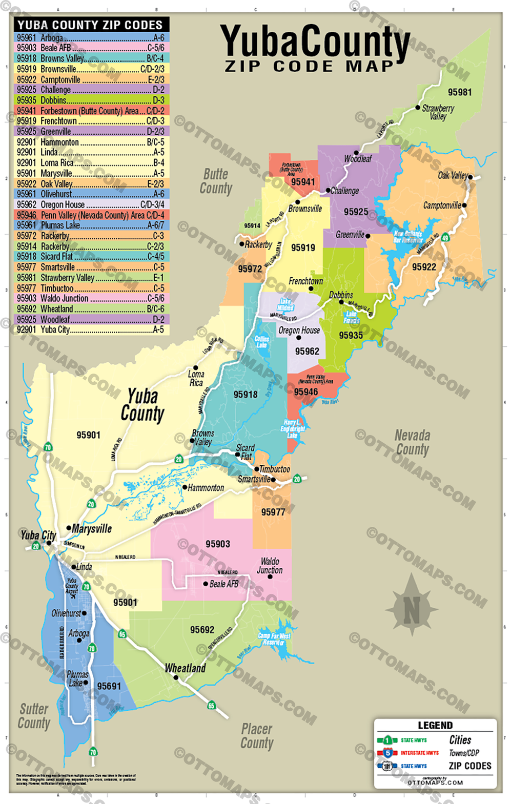 Yuba County Zip Code Map - POSTER PRINTS