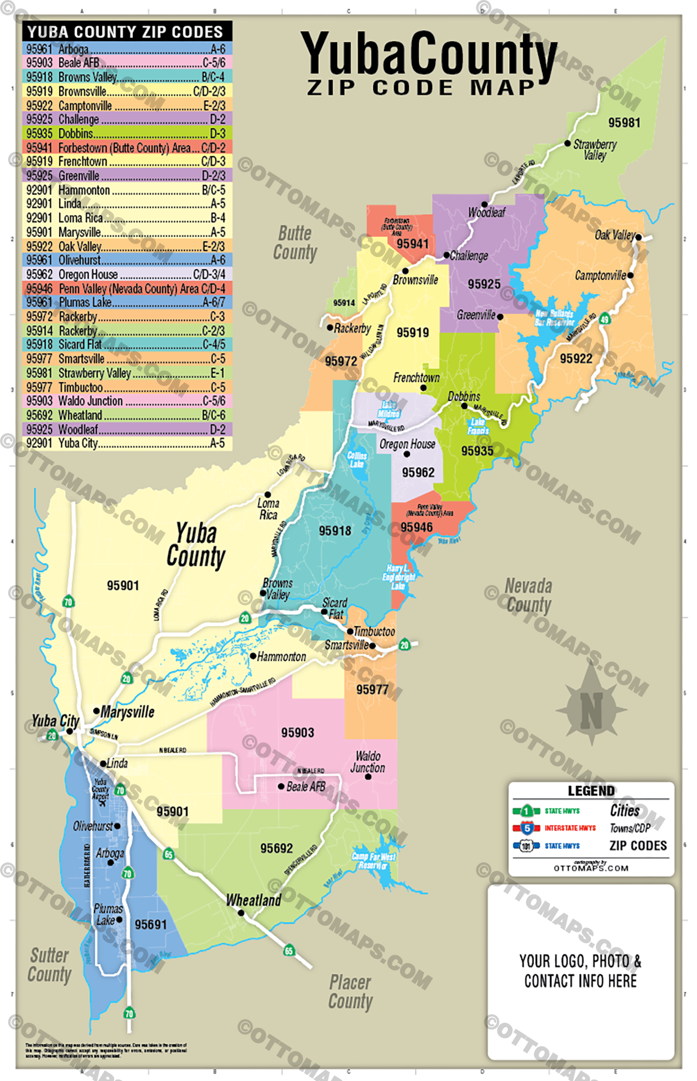 Yuba County Zip Code Map - FILES - PDF and AI, editable, vector, royalty free - with box