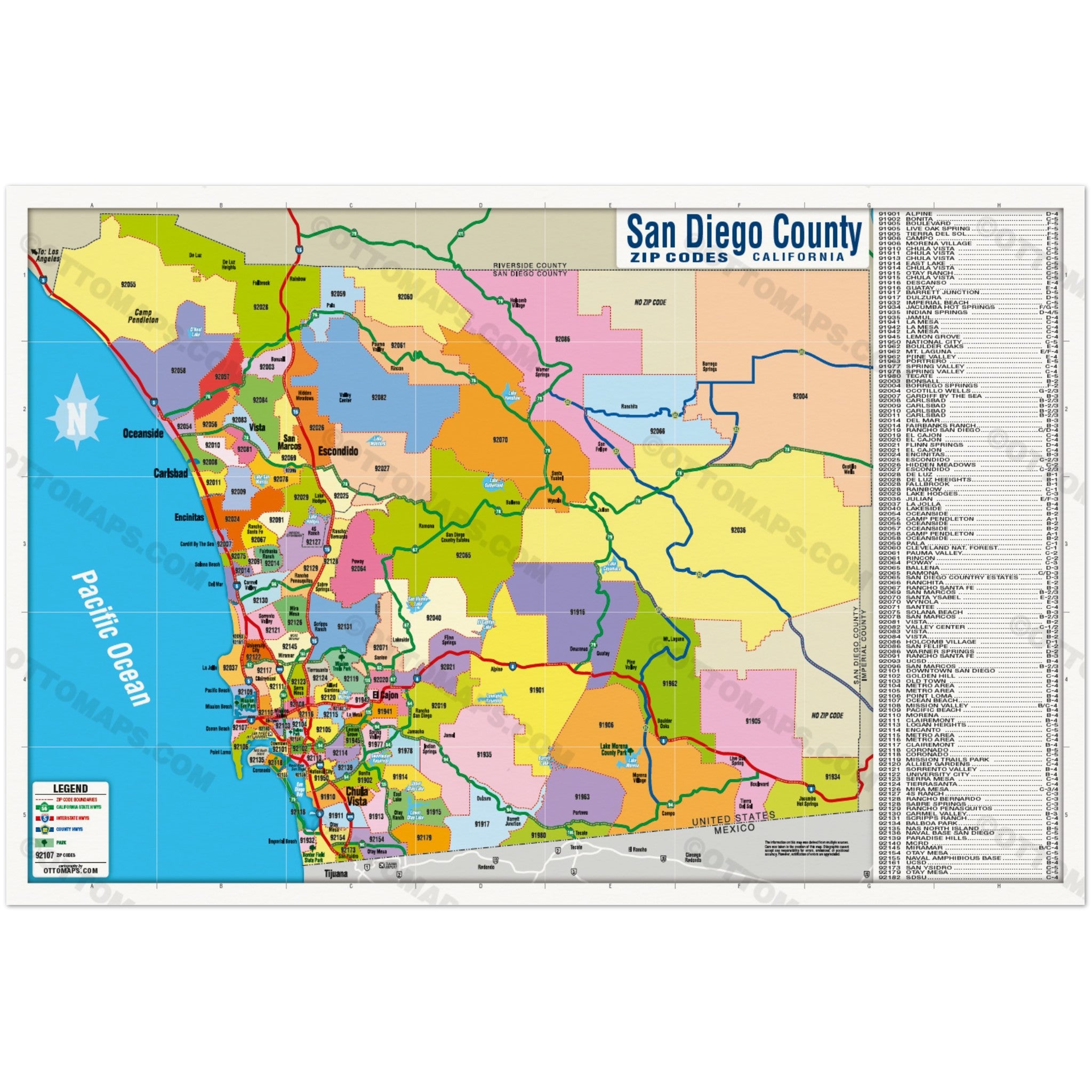 San Diego County Zip Code Map - FULL (Zips colorized) - POSTER 