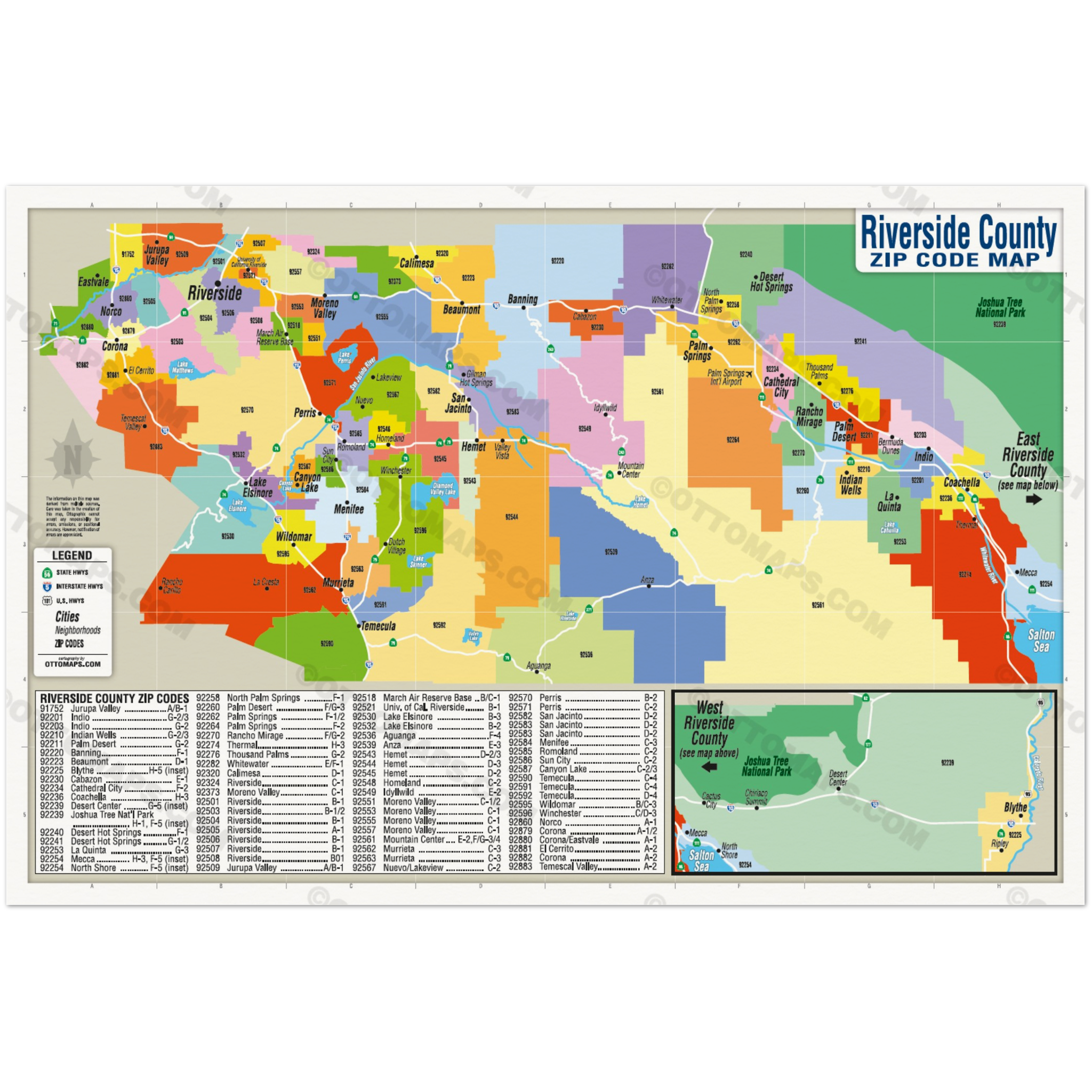 Riverside County Zip Code Map (Zip Codes Colorized) - POSTER 