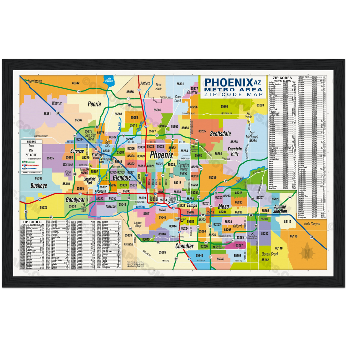 phoenix-metro-area-zip-code-map-zip-codes-colored-poster-prints