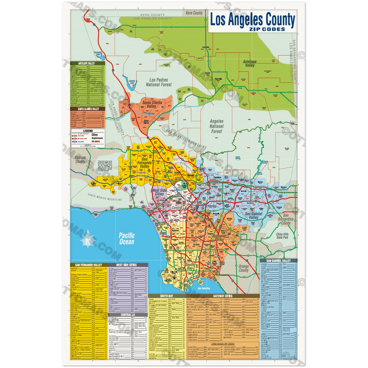 Los Angeles Zip Code Map Full Counties Colored Poster Prints 9257