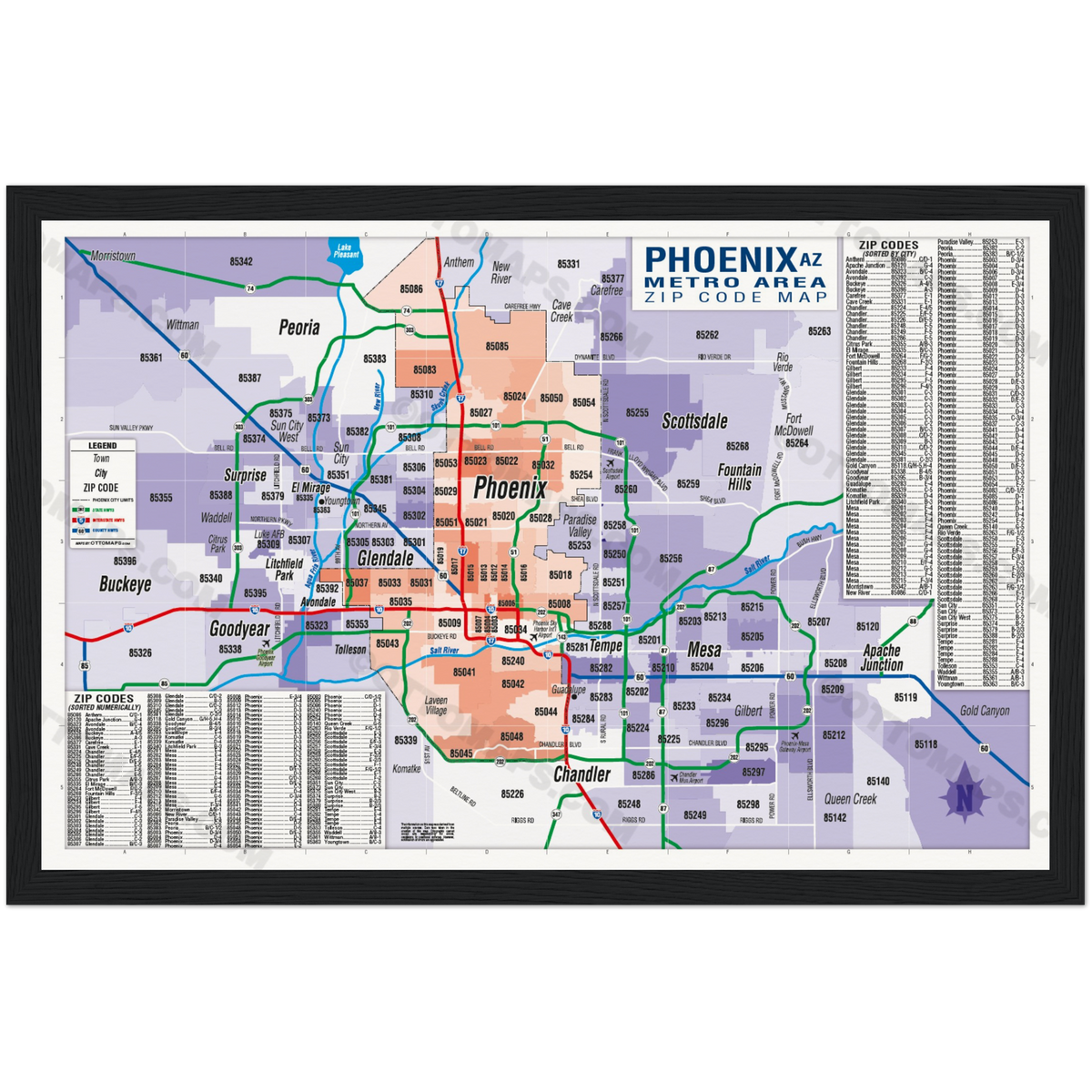 Phoenix Metro Area Zip Code Map Cities Colored POSTER PRINTS Otto