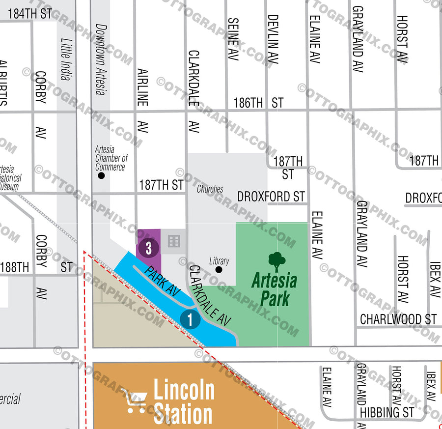Artesia Map, Los Angeles County, CA - FILES - PDF and AI, editable, vector, royalty free