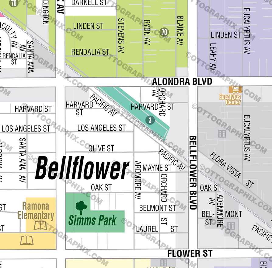 Bellflower Map, Los Angeles County, CA - FILES - PDF and AI, editable, vector, royalty free