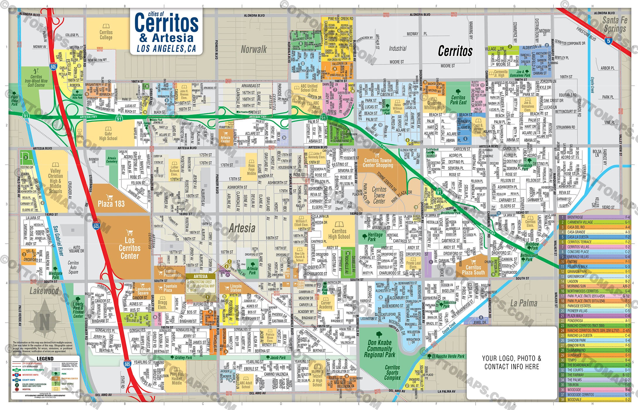 Cerritos Map with Artesia - PDF, editable, royalty free