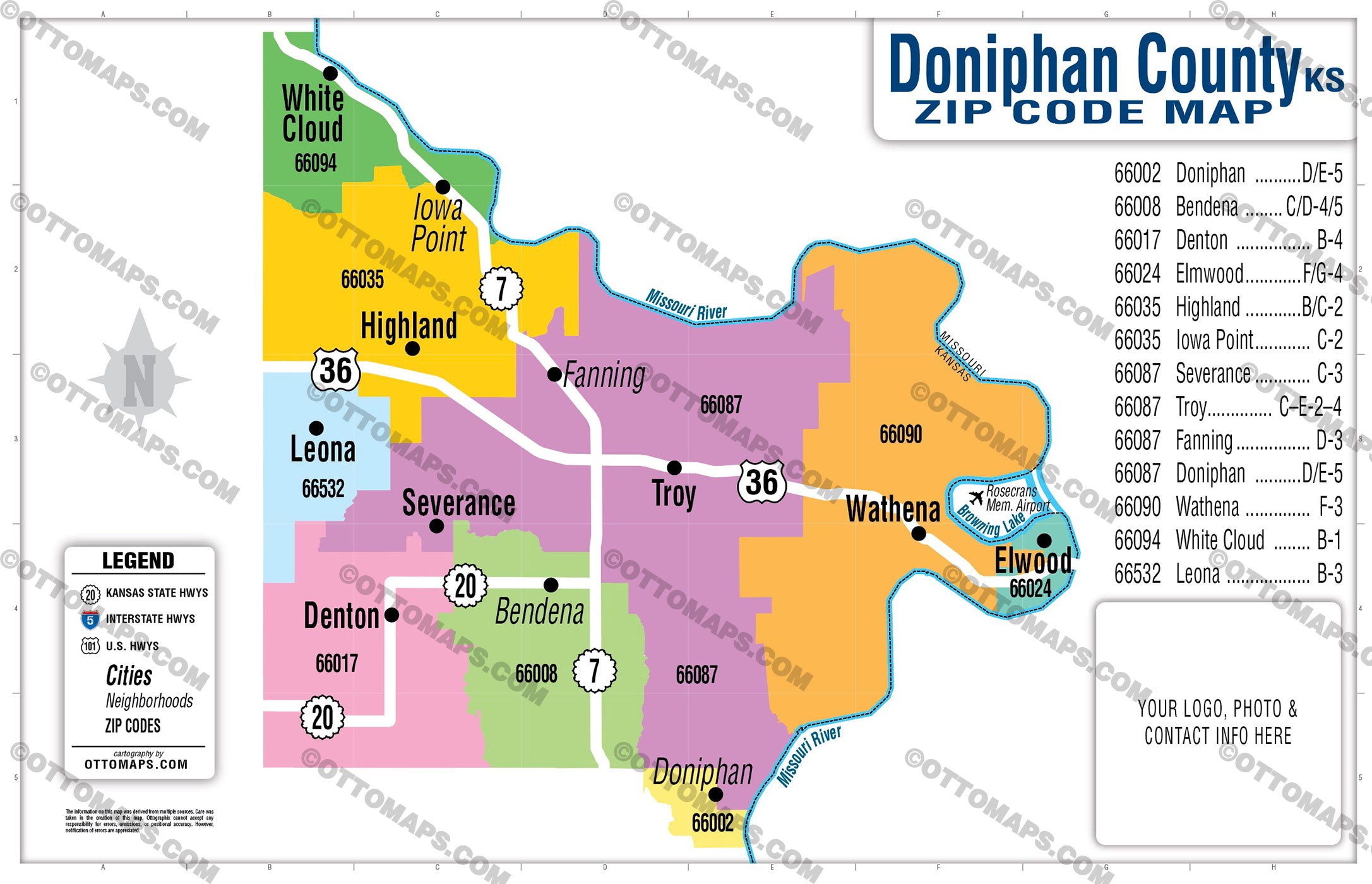Doniphan County Zip Code Map - pdf, editable, royalty free