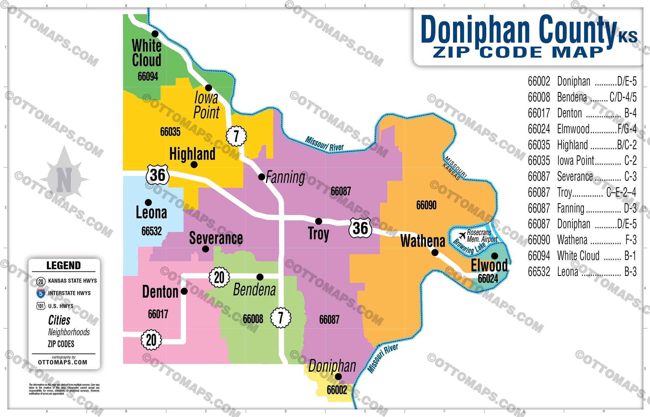 Doniphan County Zip Code Map - pdf, editable, royalty free