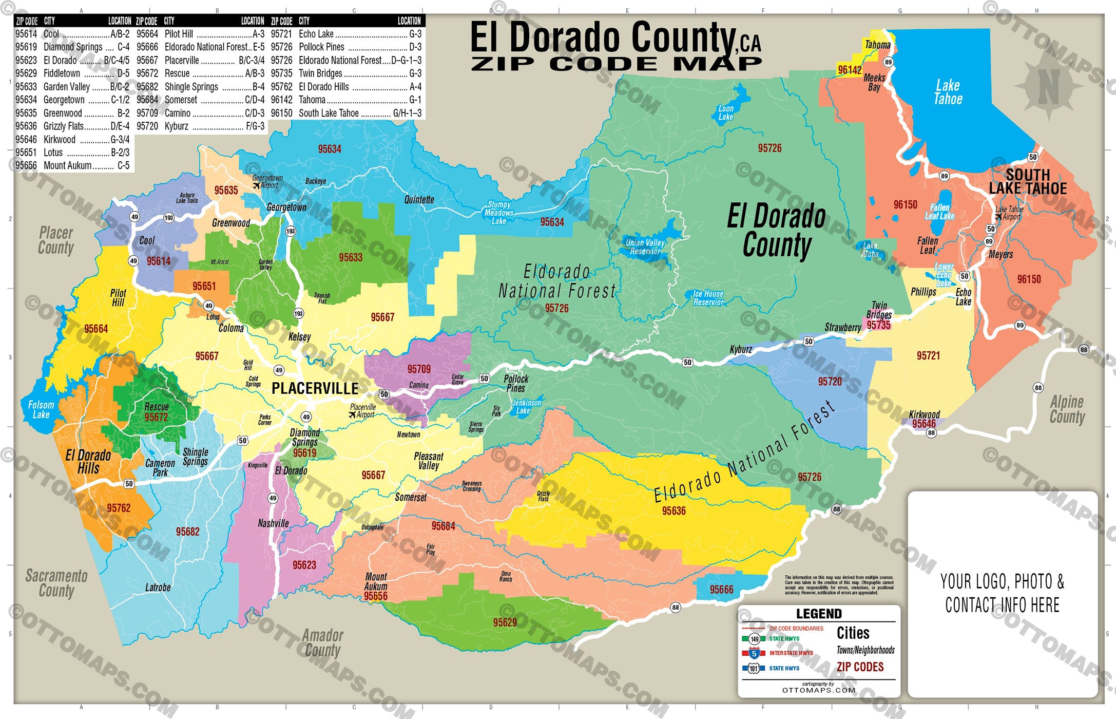 El Dorado County Zip Code Map - PDF, editable, royalty free