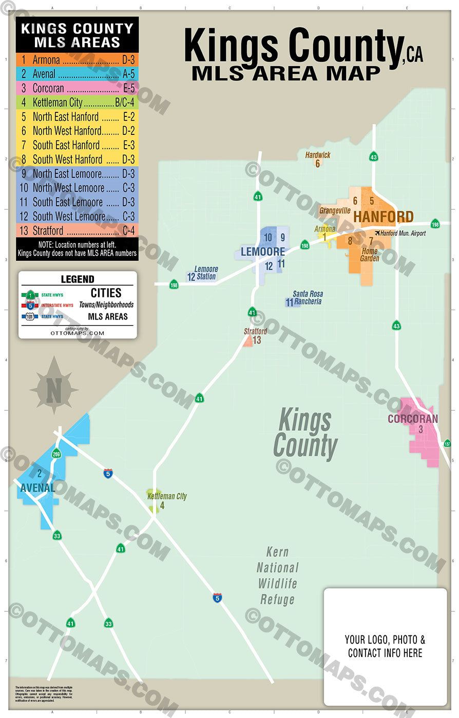 Kings County MLS Area Map, California - PDF, editable, royalty free