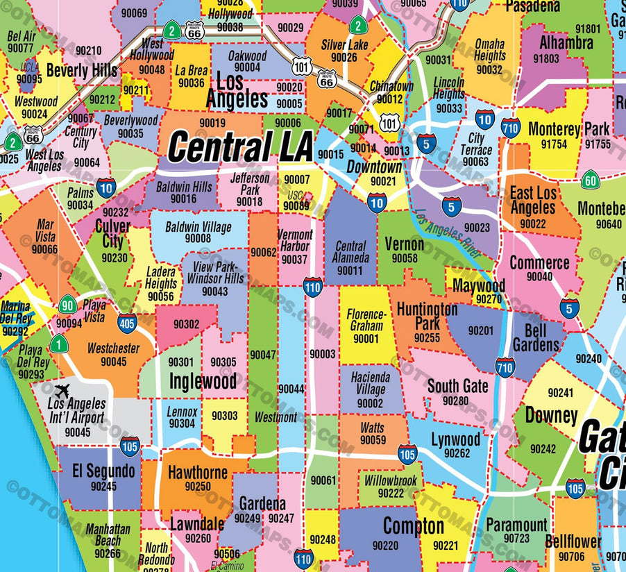 Los Angeles Zip Code Map - FULL (Zip Codes Colored) - FILES - PDF and AI, editable, vector, royalty free
