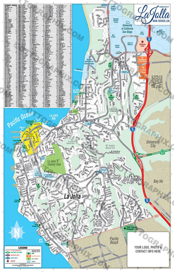 La Jolla Map with Street Index, San Diego County, CA