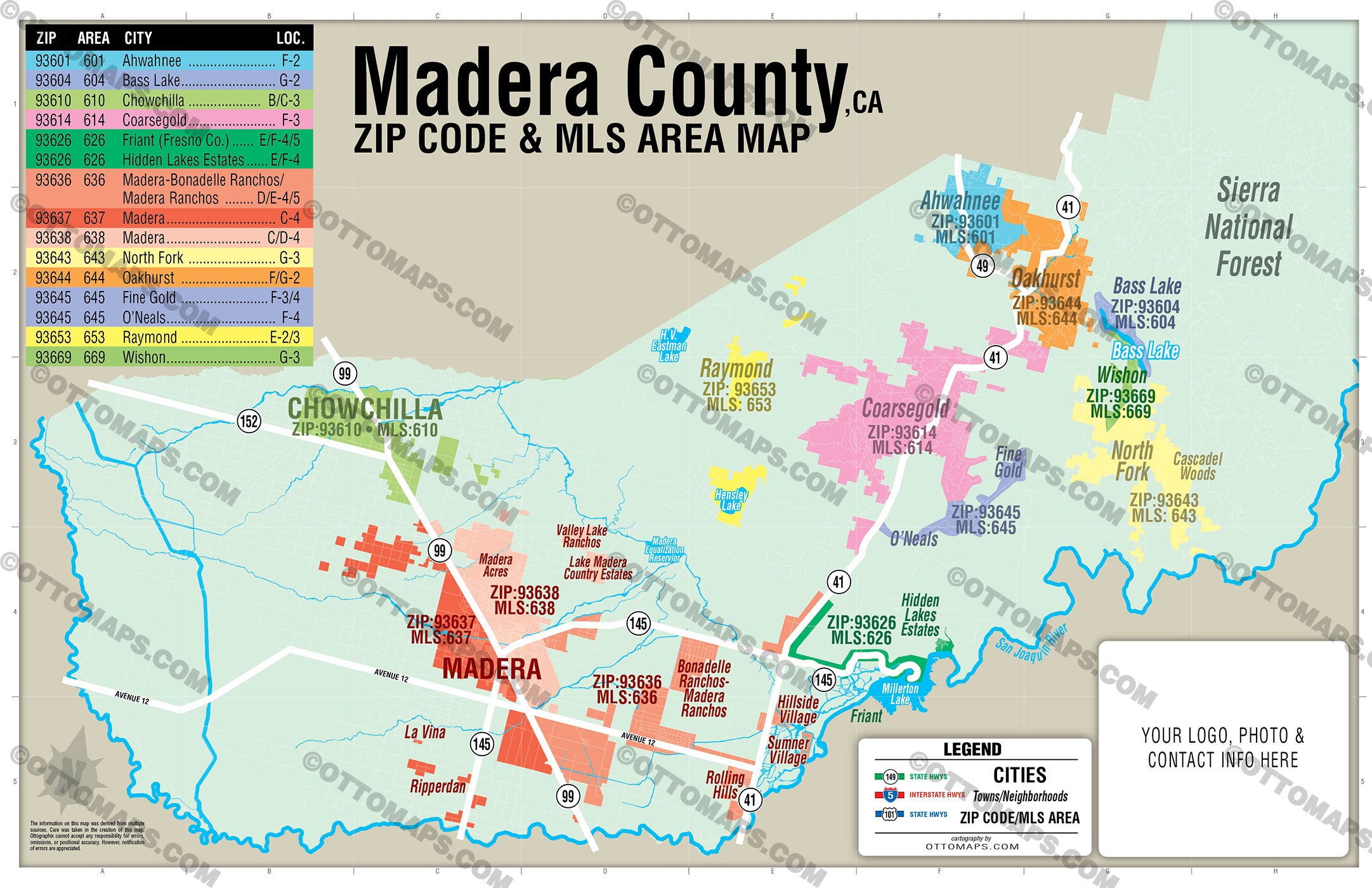 Madera County Combo Map - Zip Codes and MLS Areas - FILES - PDF and AI, editable, vector, royalty free