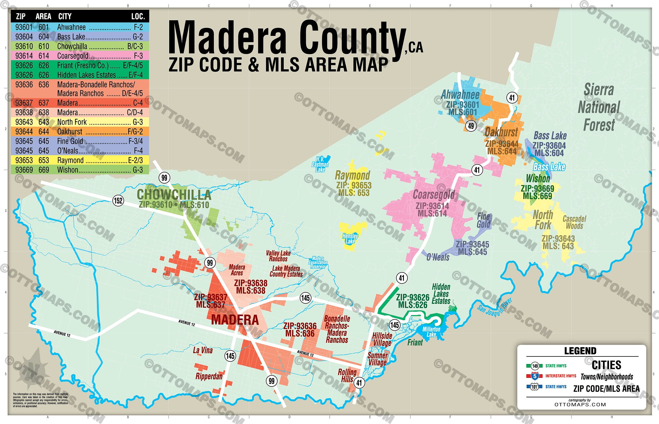 Madera County Combo Map - Zip Codes and MLS Areas - FILES - PDF and AI, editable, vector, royalty free