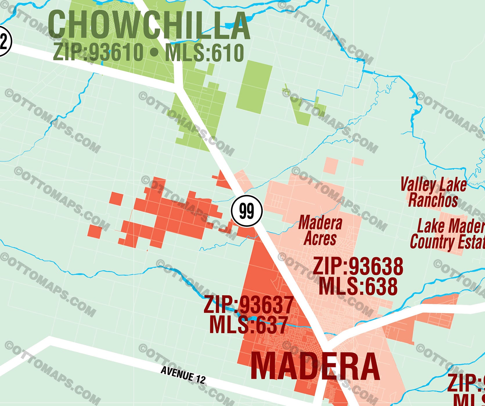 Madera County Combo Map - Zip Codes and MLS Areas - FILES - PDF and AI, editable, vector, royalty free