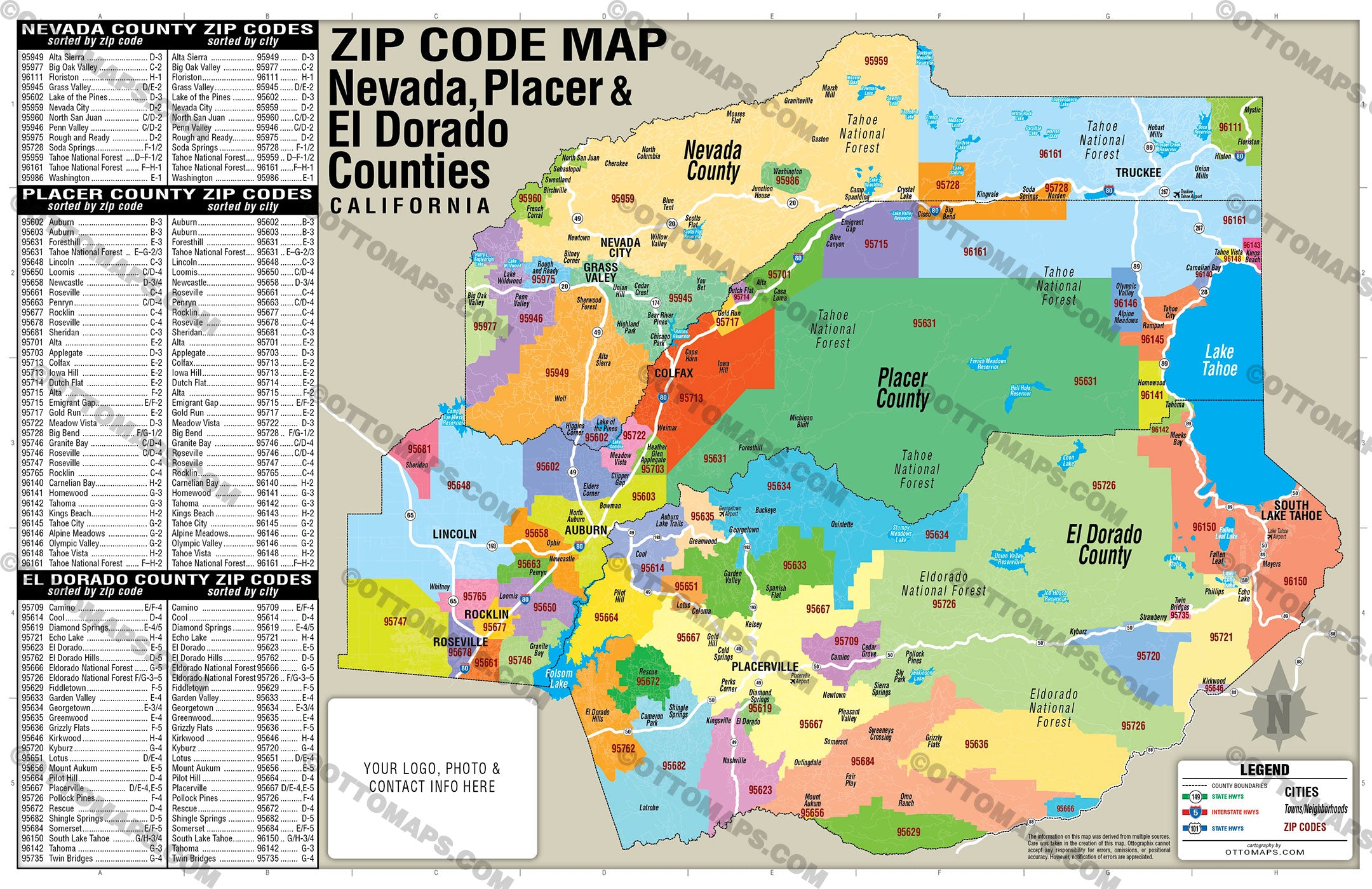 Nevada, El Dorado and Placer Counties Zip Code Map - PDF, editable, royalty free