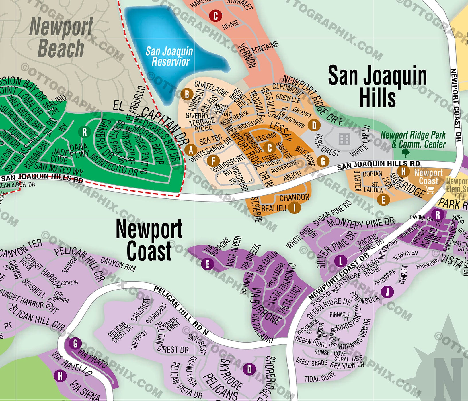 Newport Beach SOUTHEAST Map, Orange County, CA - FILES - PDF and AI, editable, vector, royalty free