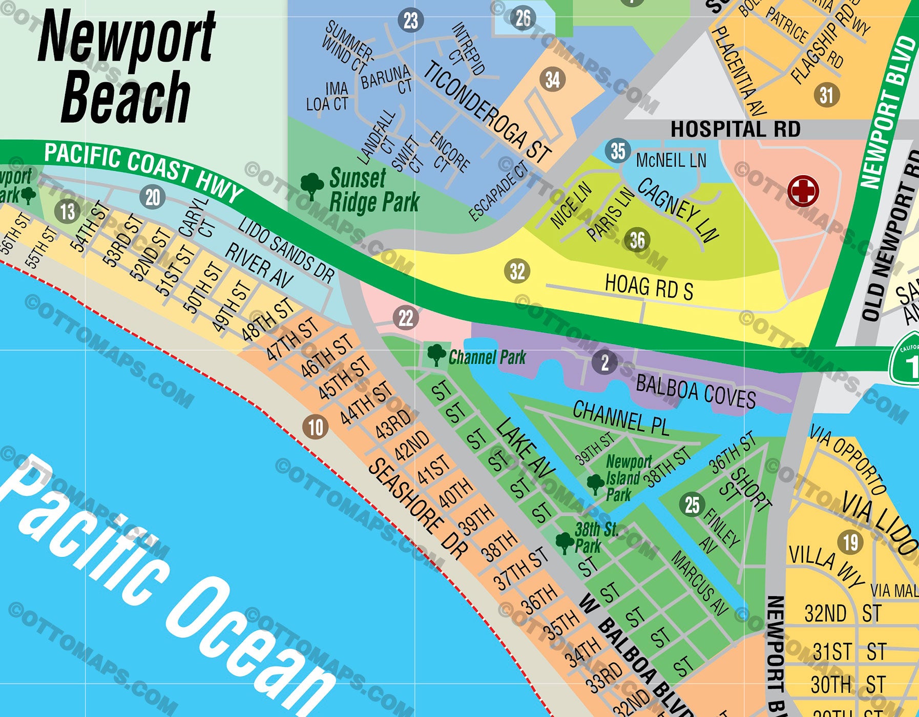 Newport Beach West Map, Orange County, CA - FILES - PDF and AI, editable, vector, royalty free