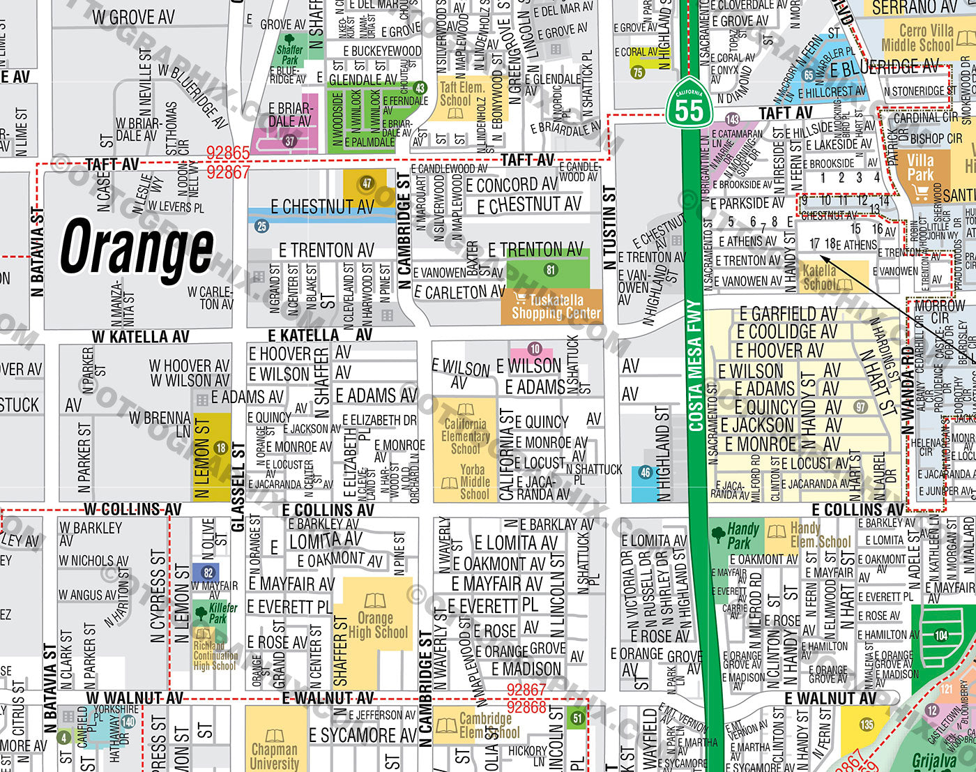 Orange Map, City of Orange, Orange County, CA - FILES - PDF and AI, editable, vector, royalty free